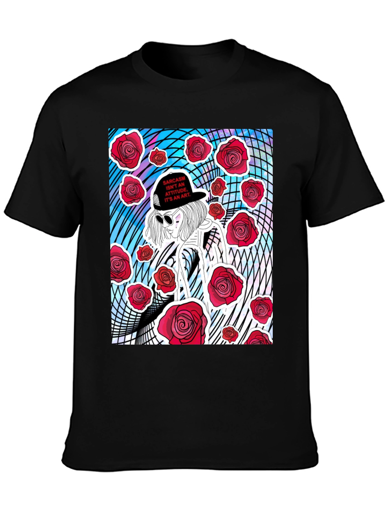 Black Edgy Rose Graphic Tee - Sarcasm Art view 3