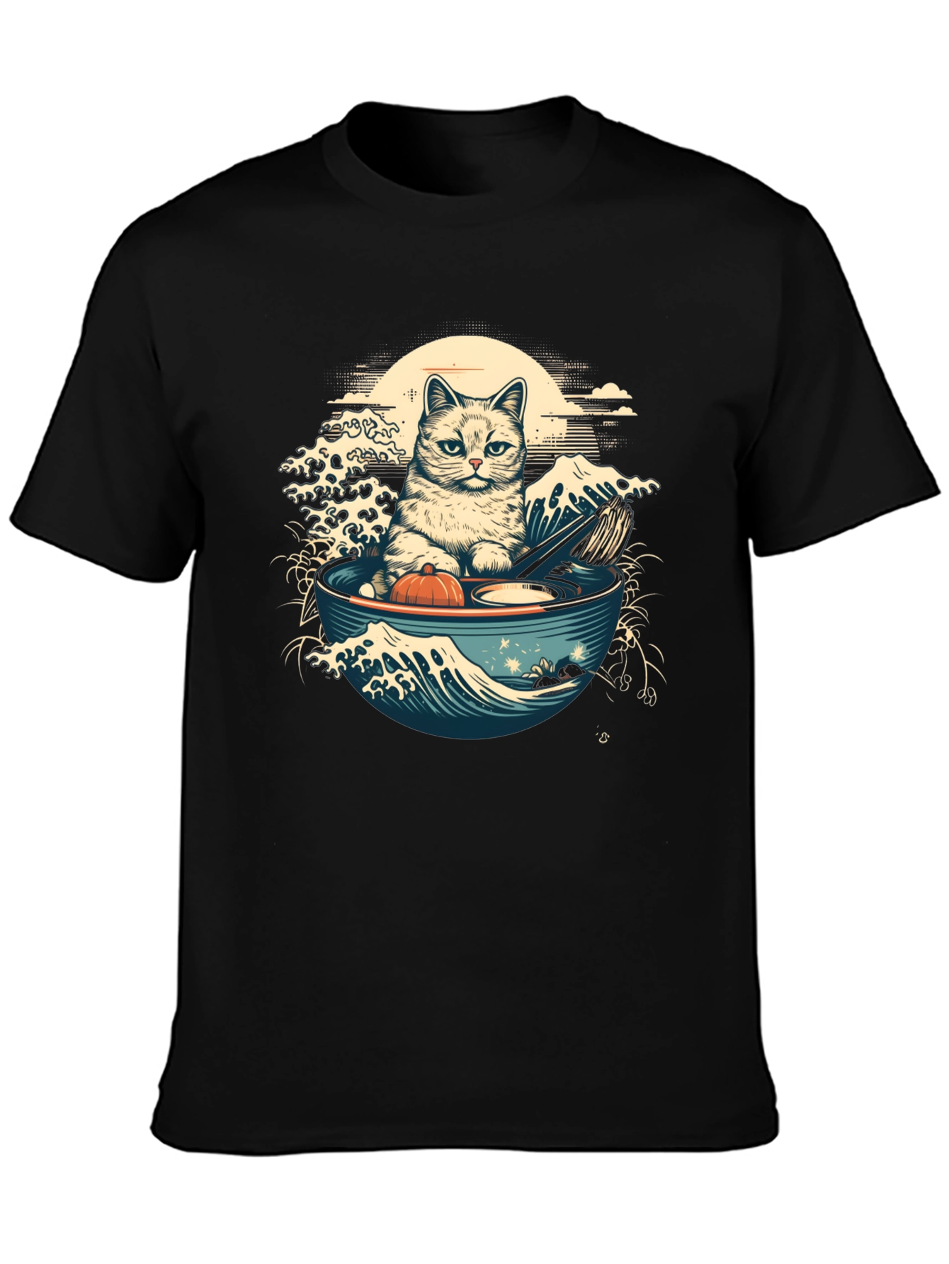 Black Cat Ramen Wave T-Shirt - Stylish Graphic Tee view 3