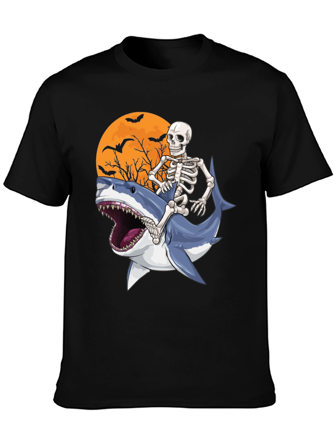 Black Skeleton Riding Shark Graphic T-Shirt - Halloween Style view 3