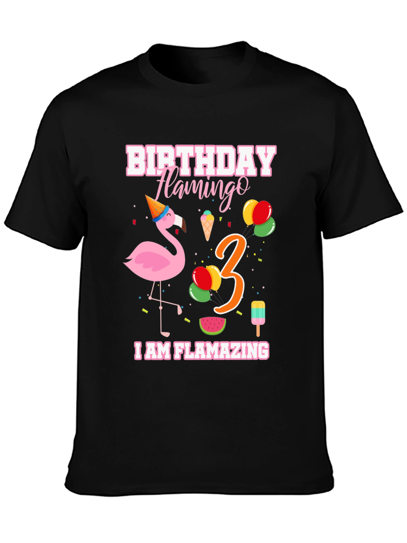 Black Birthday Flamingo Third Birthday T-Shirt view 3