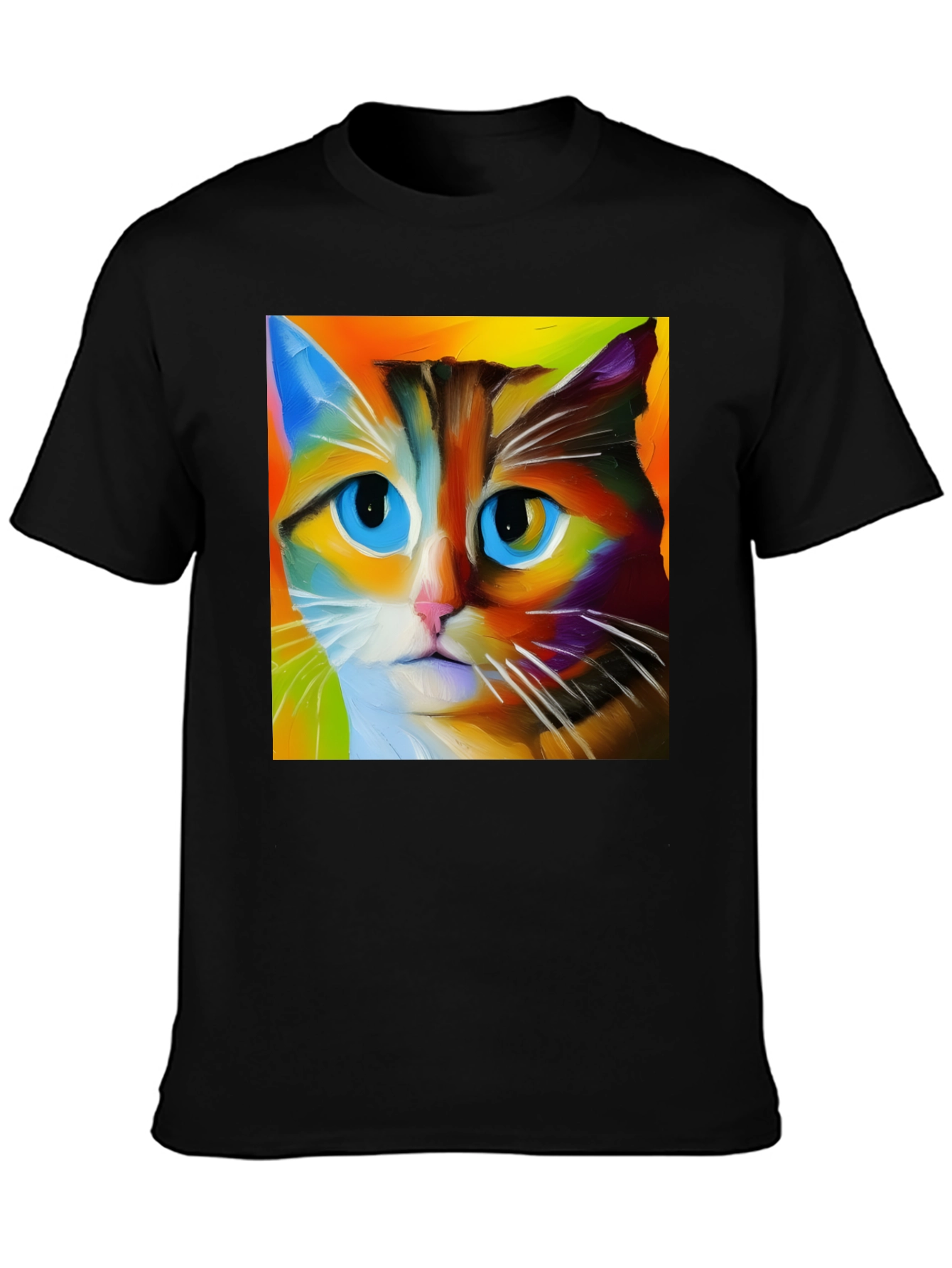 Black Colorful Cat Art T-Shirt view 3