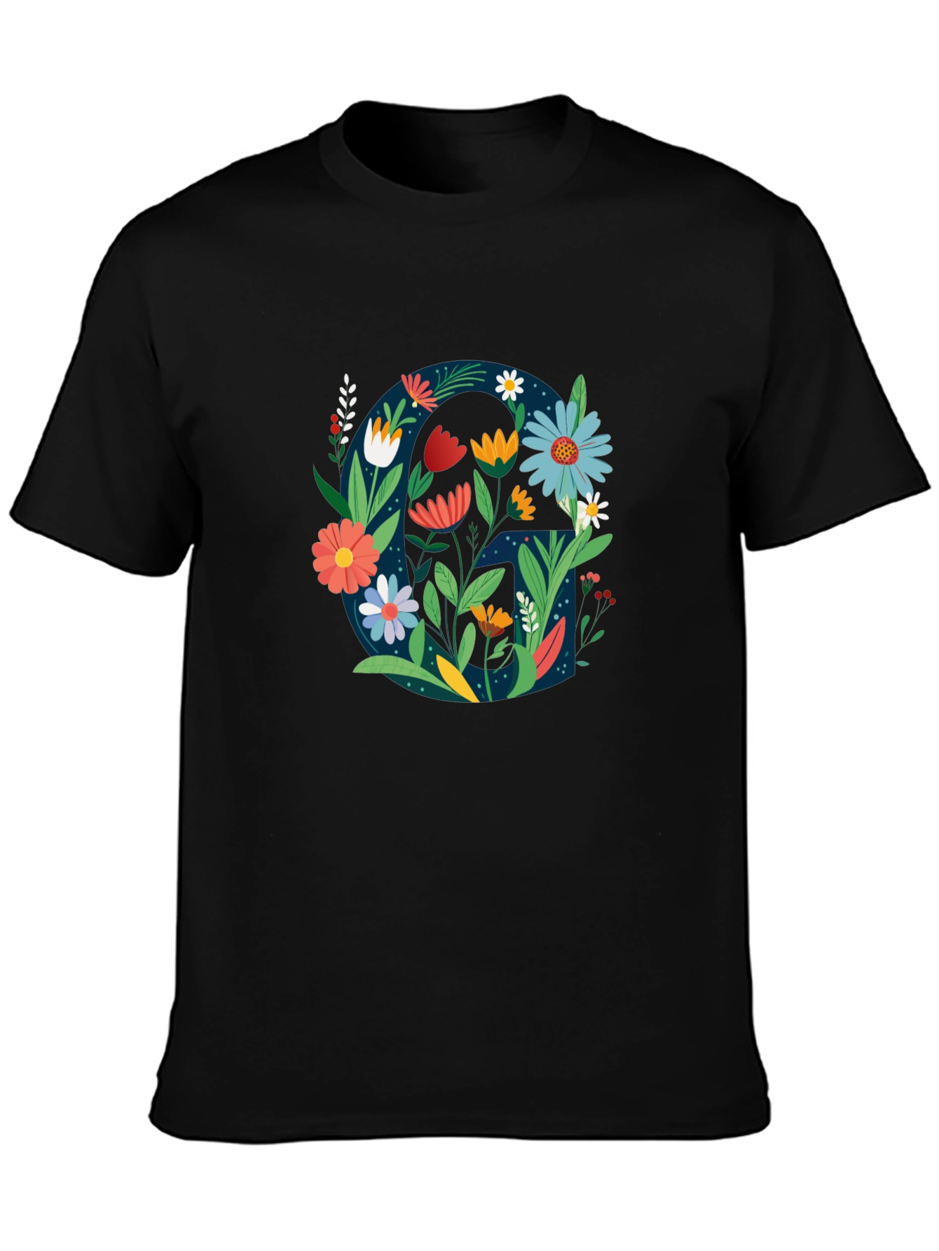 Black Floral Letter G Graphic Tee - Unique Design view 3