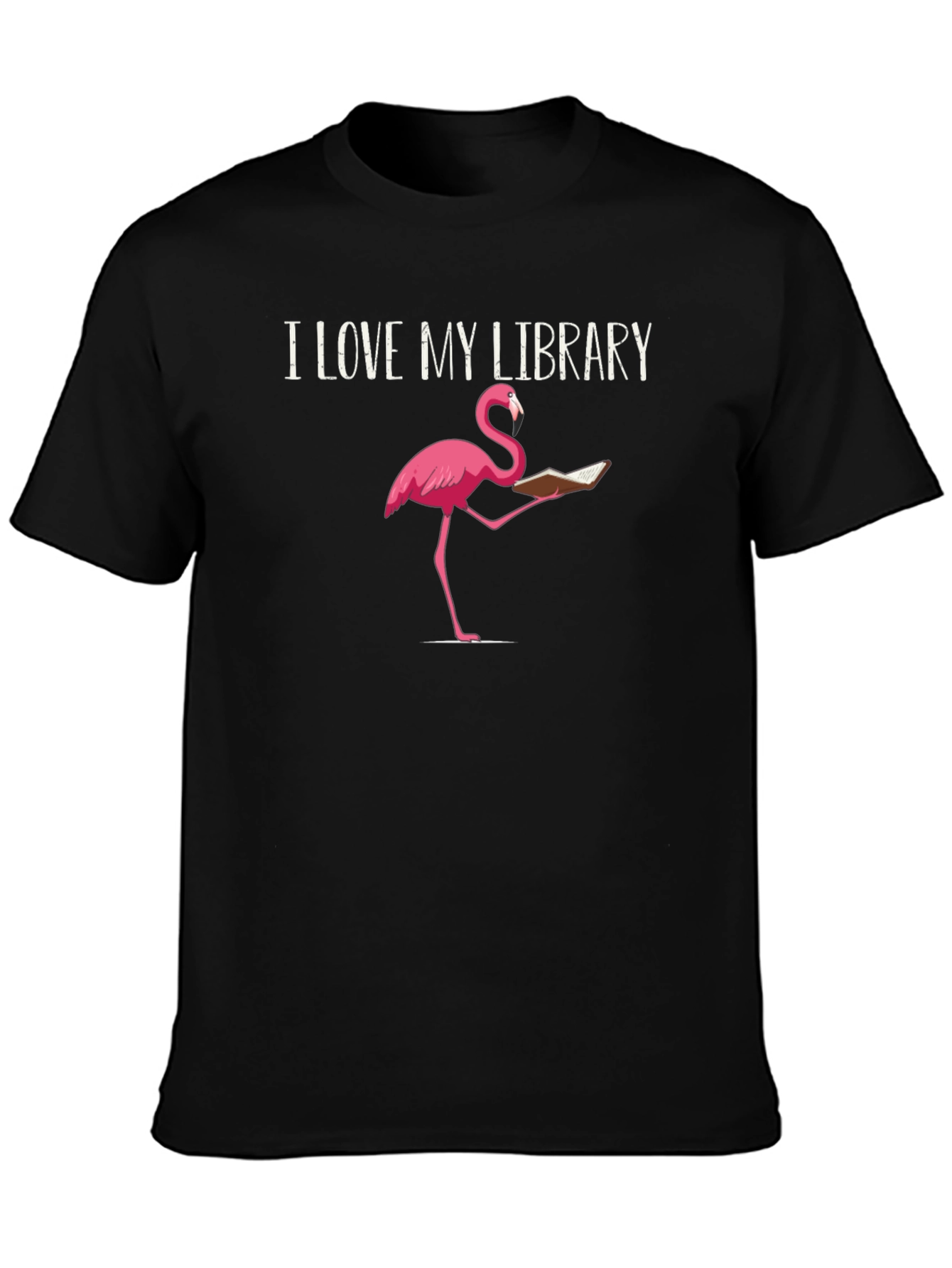 Black I Love My Library Flamingo Reading T-Shirt view 3