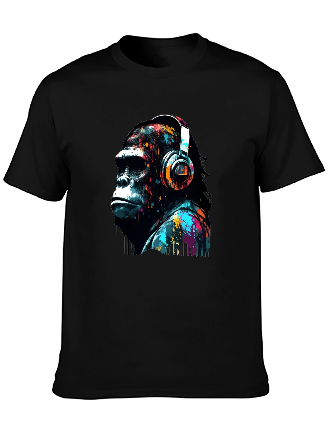 Black Gorilla Headphone Graphic Print Black T-Shirt view 3
