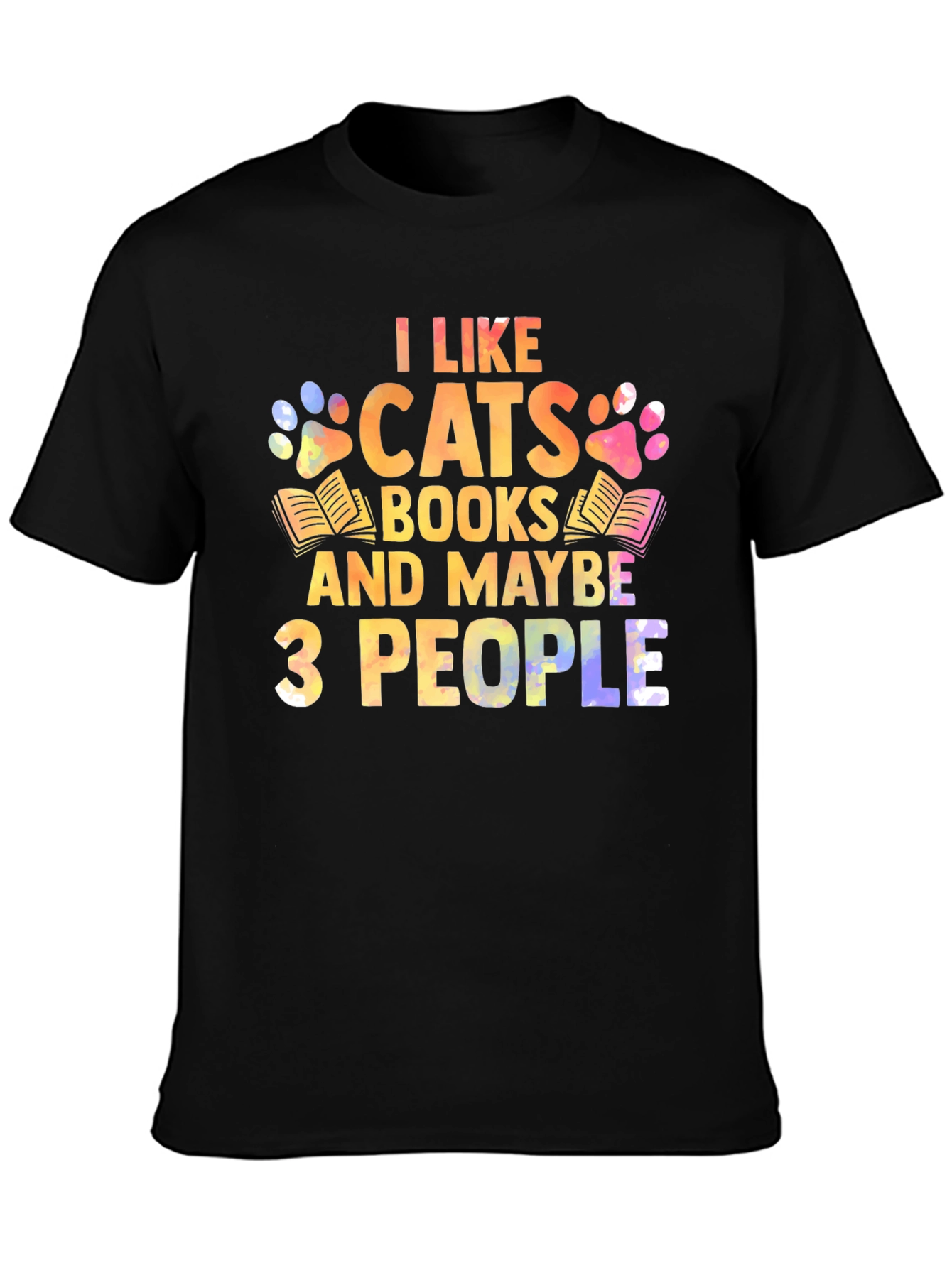Black I Like Cats Books & Maybe 3 People Unisex T-Shirt view 3