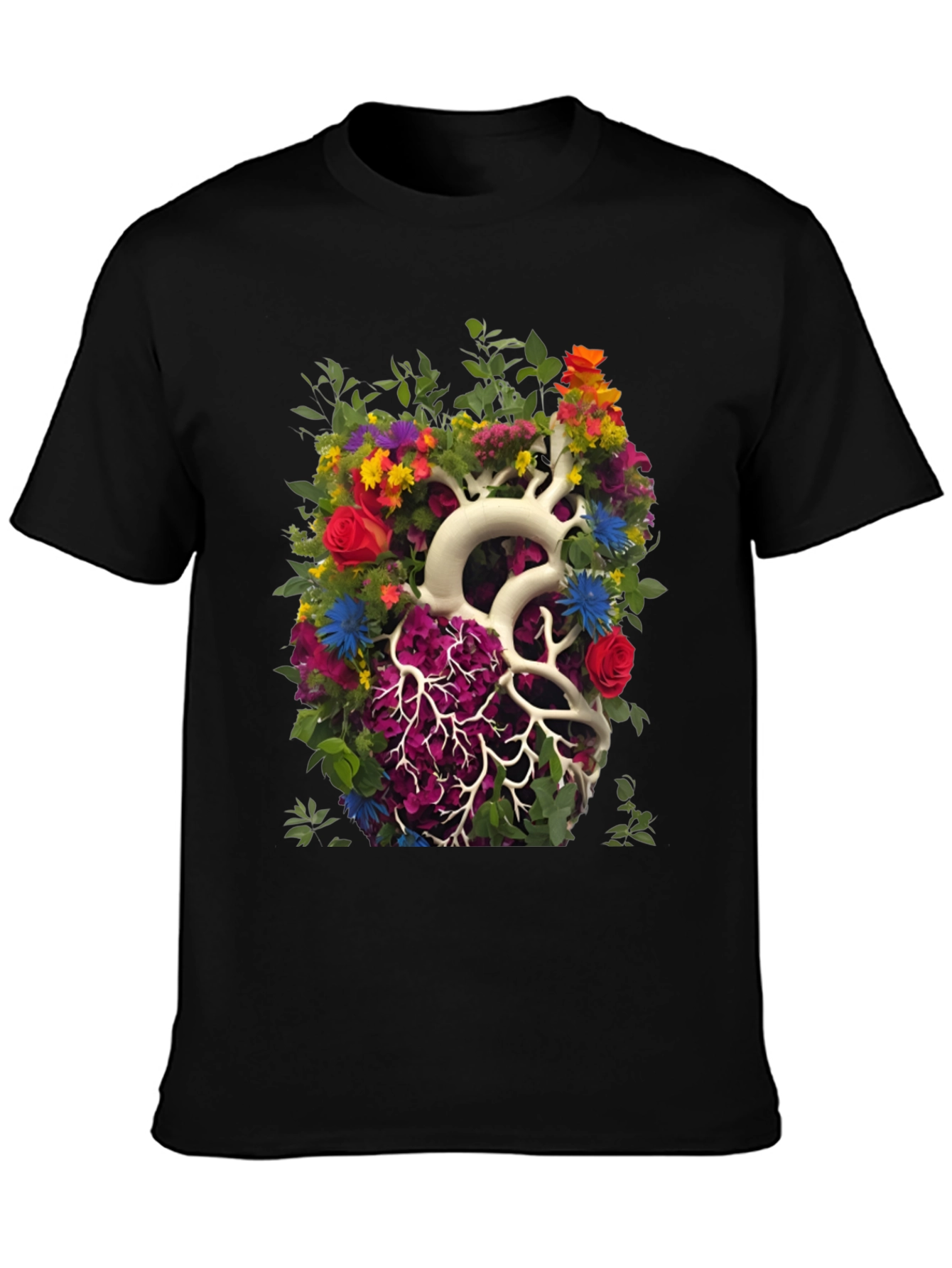 Black Floral Heart Anatomy T-Shirt - Unique Graphic Tee view 3