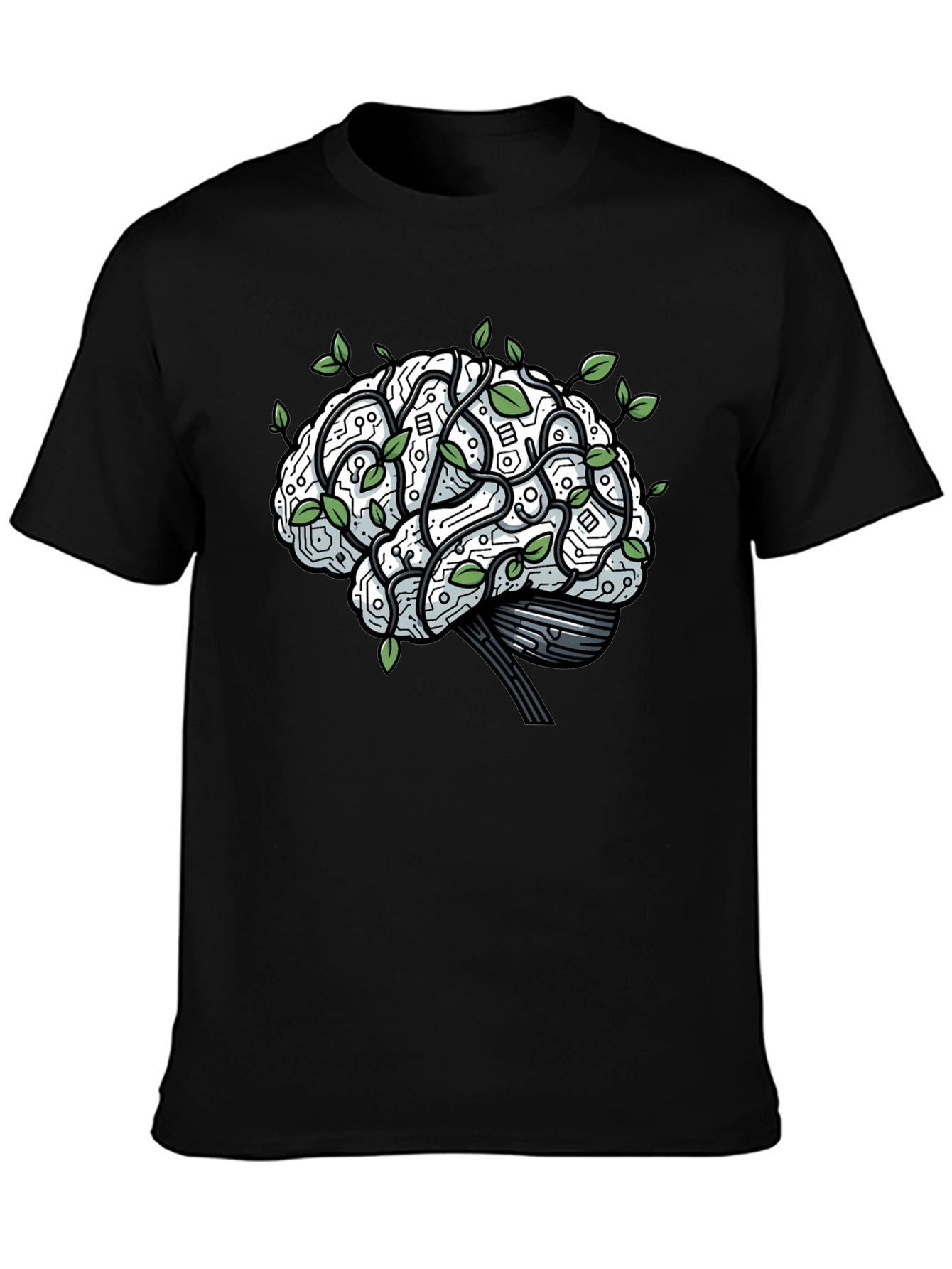 Black Brain Circuitry & Leaves Graphic T-Shirt view 3