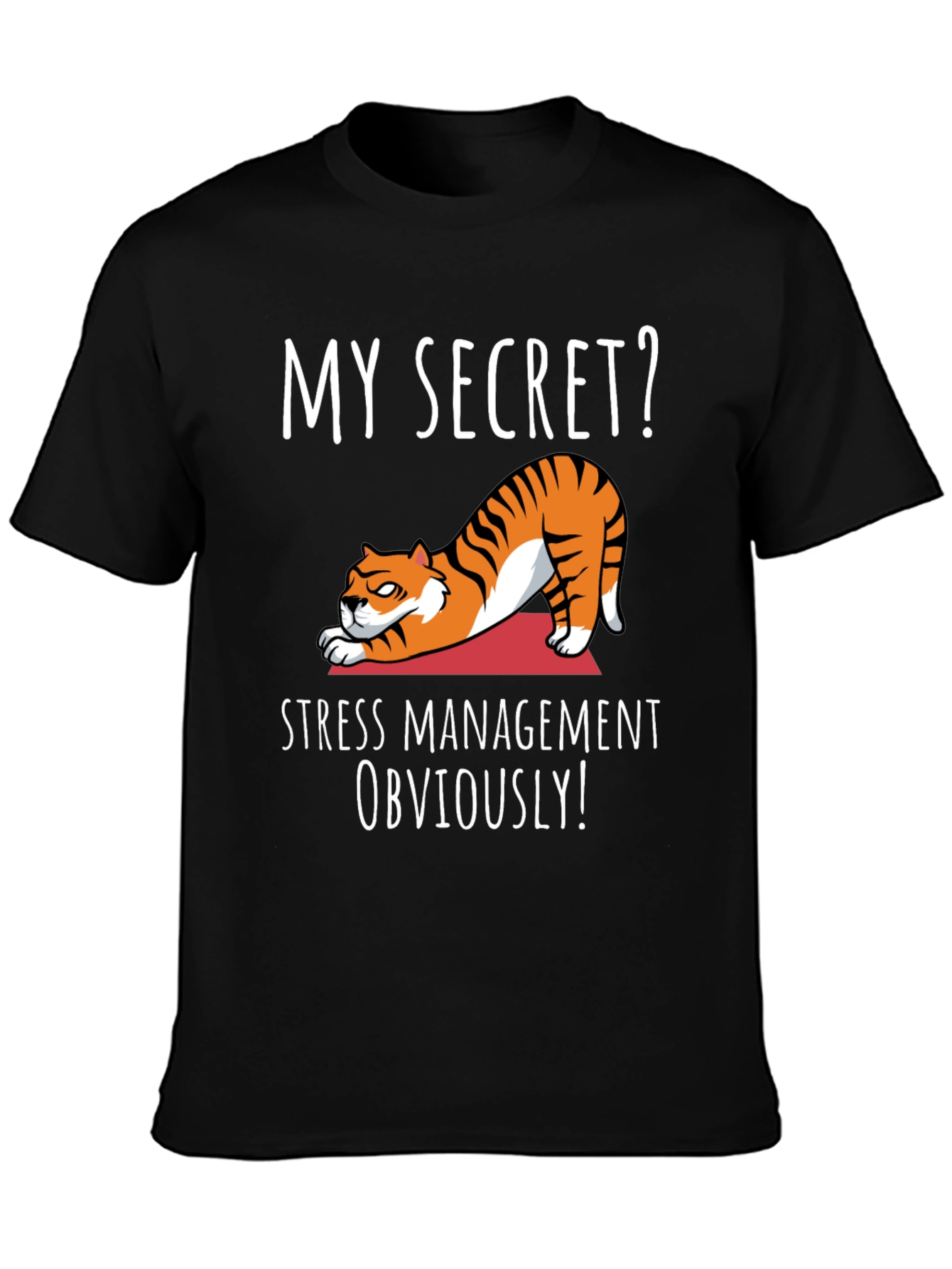 Black Funny Yoga Cat T-Shirt - My Secret? Stress Management Obviously! view 3
