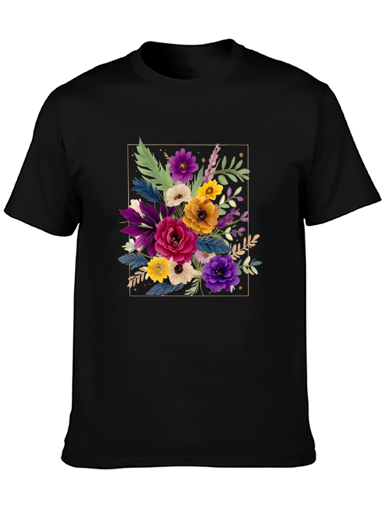 Black Floral Bouquet Graphic Print Men's Black T-Shirt view 3