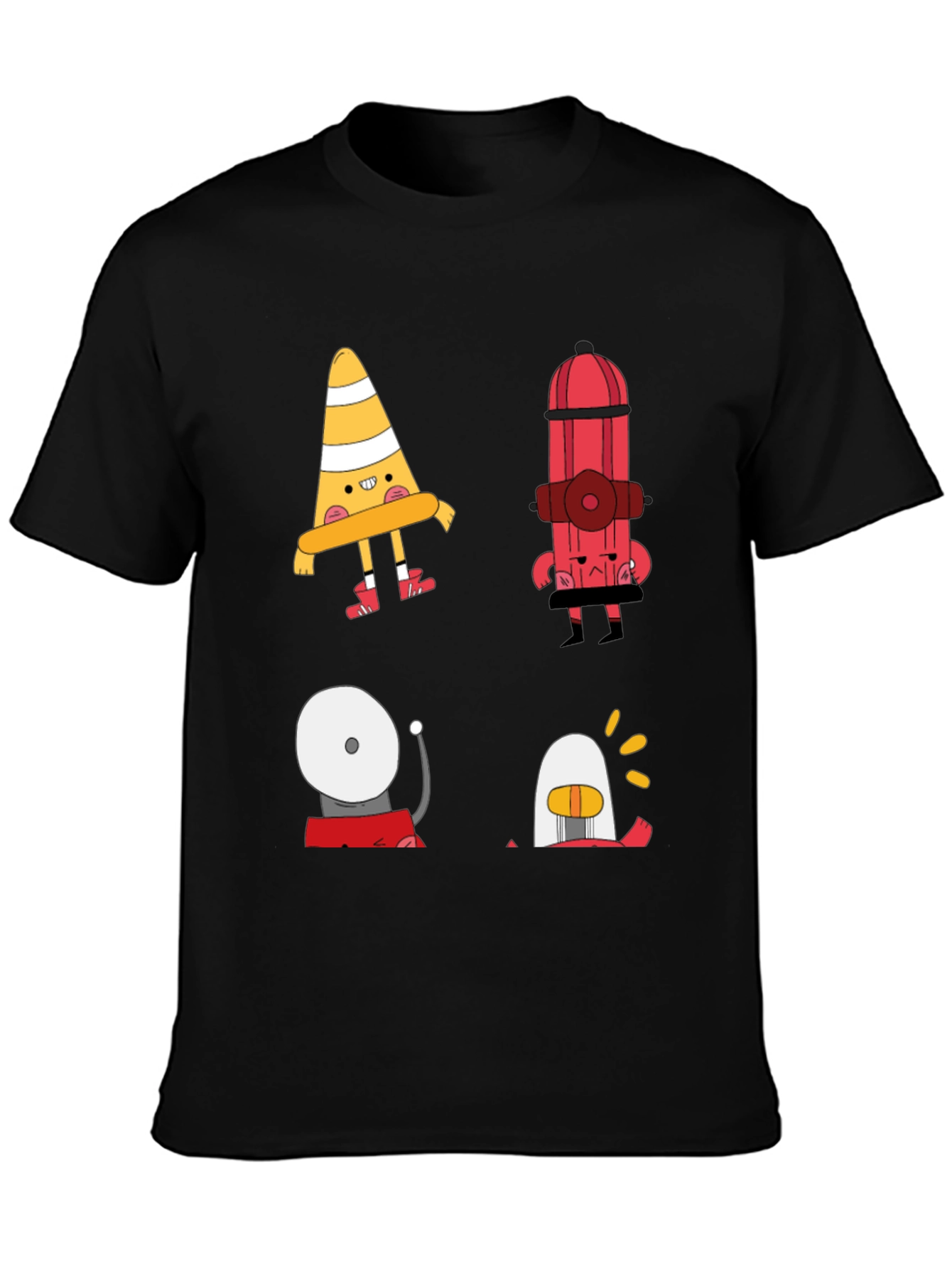 Black Cartoon Fire Safety Black T-Shirt view 3