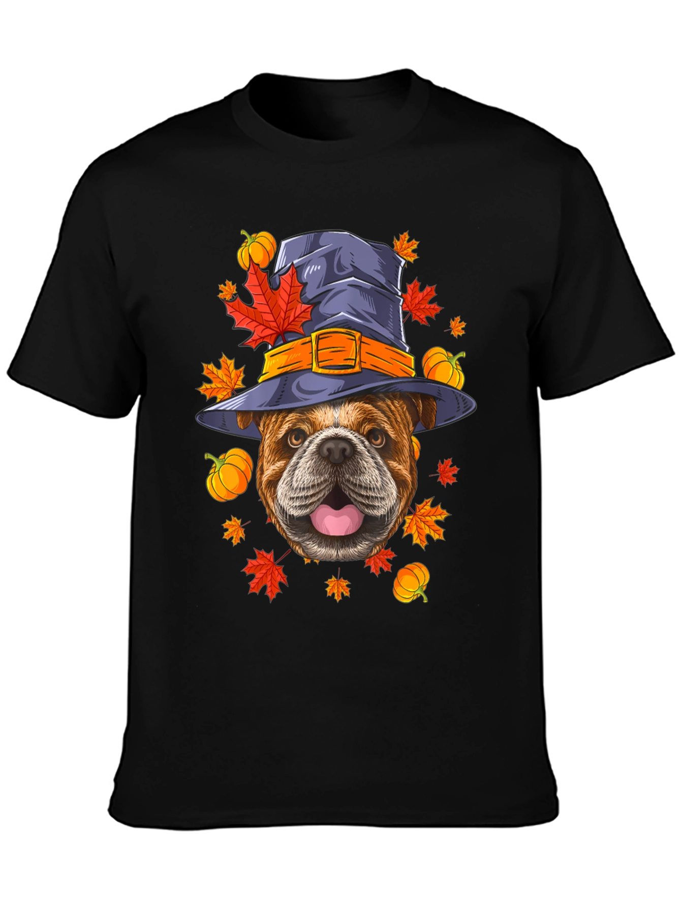 Black Bulldog Witch Hat Fall T-Shirt view 3