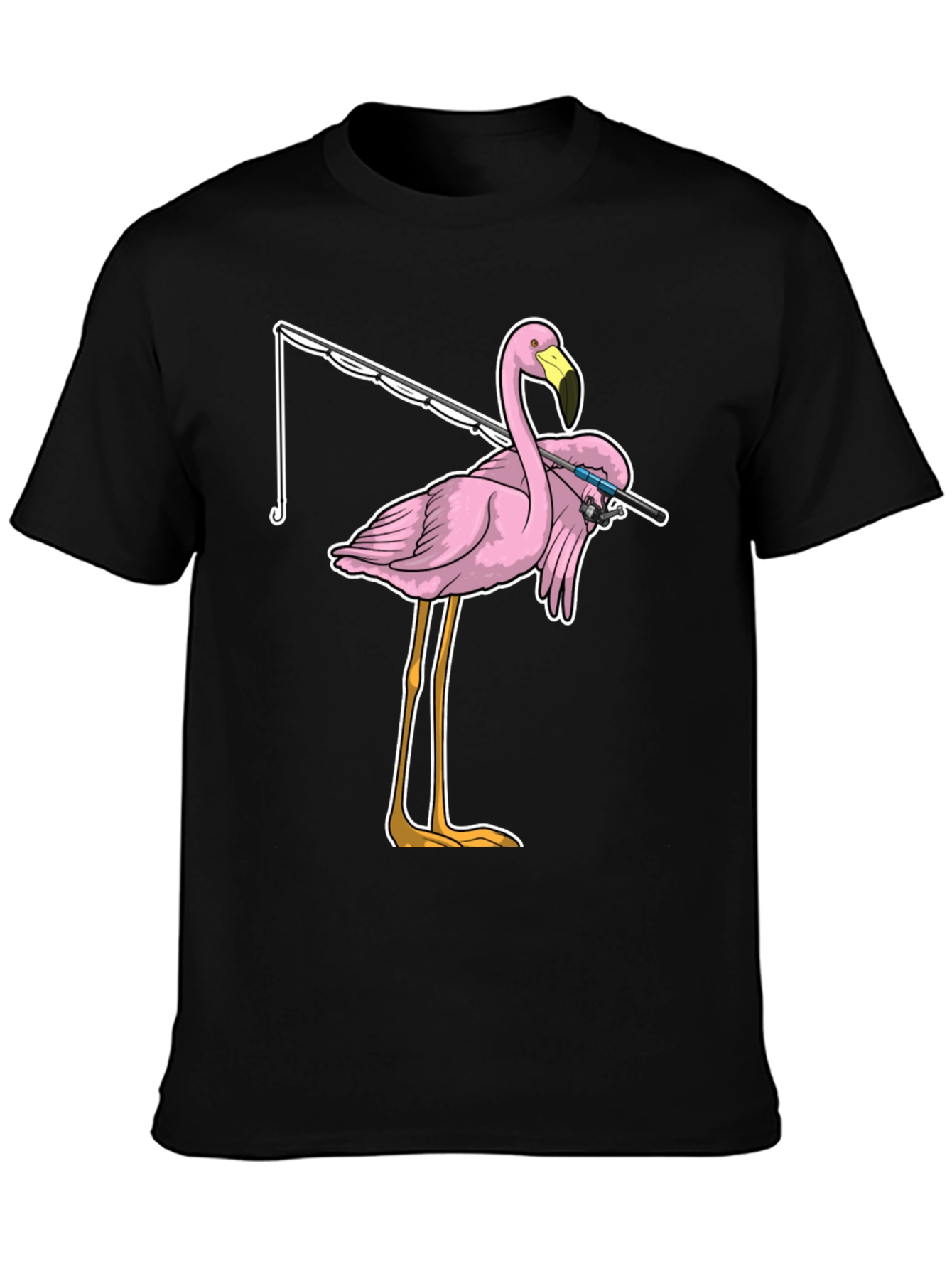 Black Fishing Flamingo T-Shirt - Funny Bird Tee view 3