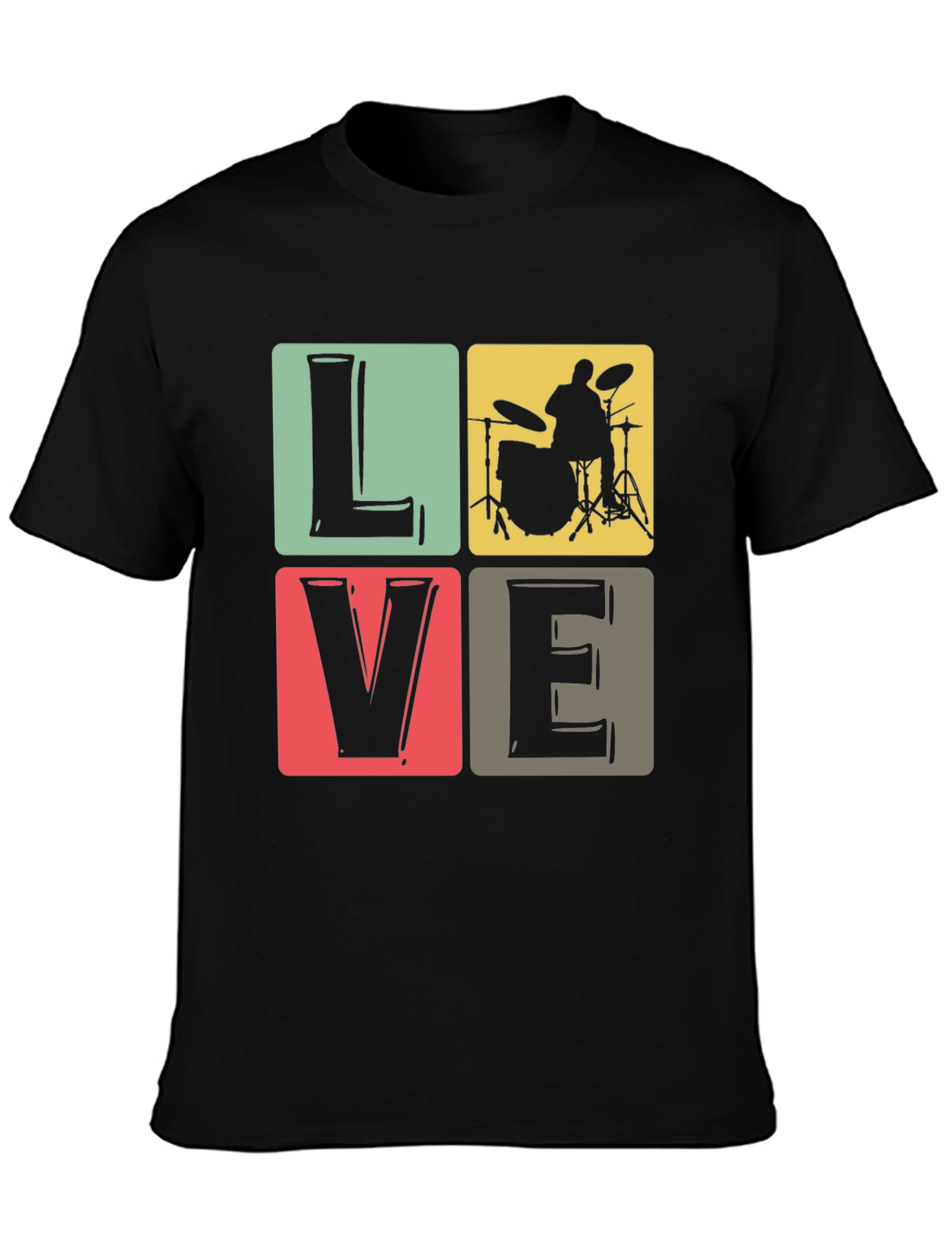 Black Love Music Drummer T-Shirt, Black Crew Neck view 3