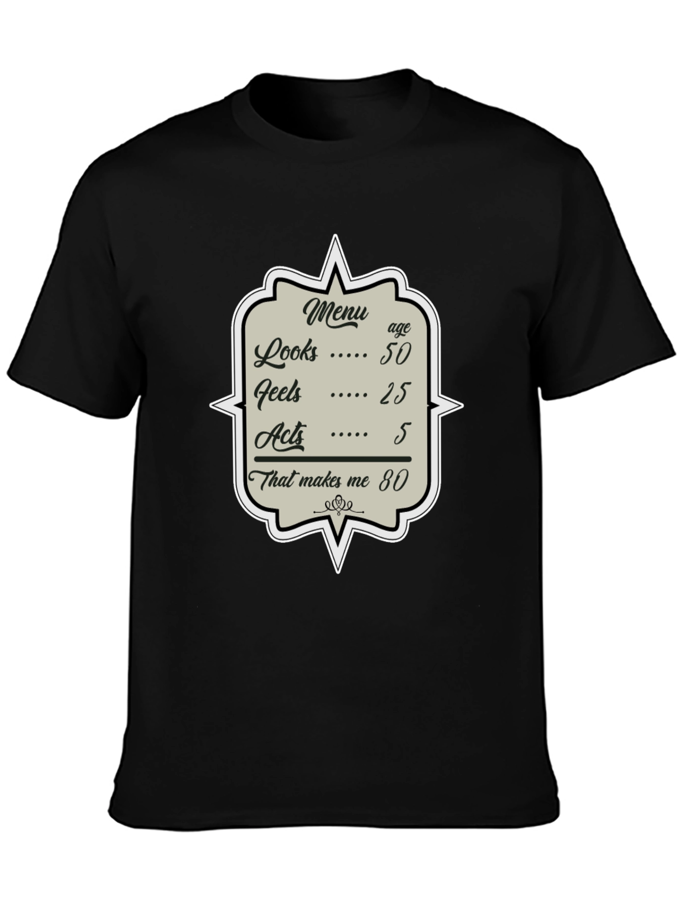 Black Humorous 80th Birthday Menu T-Shirt view 3