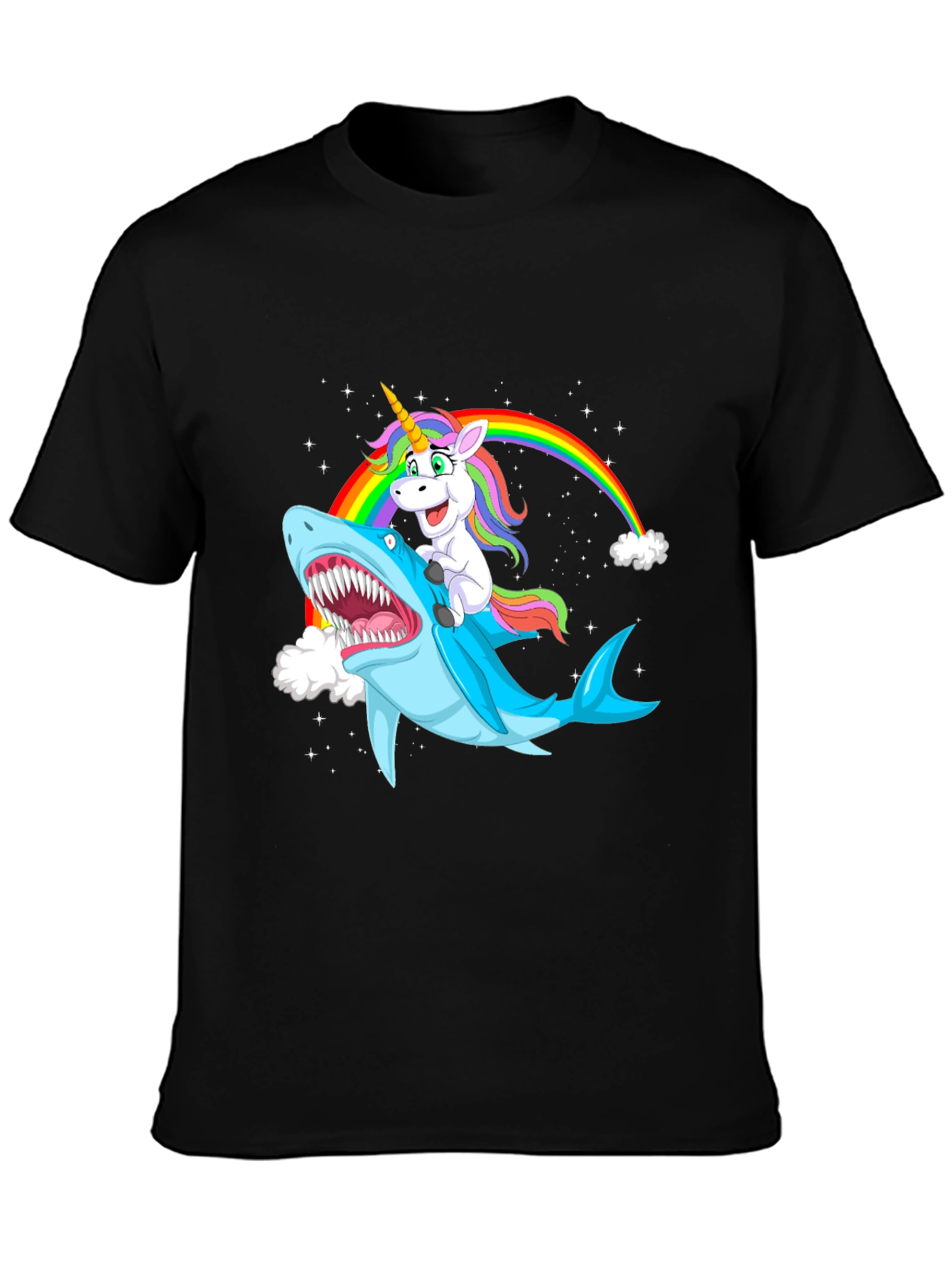 Black Unicorn Riding Shark Black Graphic Tee view 3