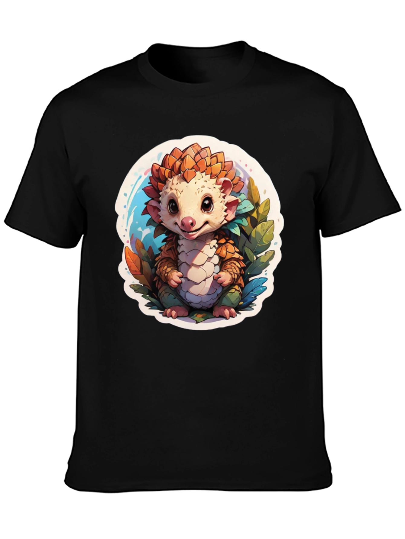 Black Cute Pangolin T-Shirt - Black Cotton Tee view 3
