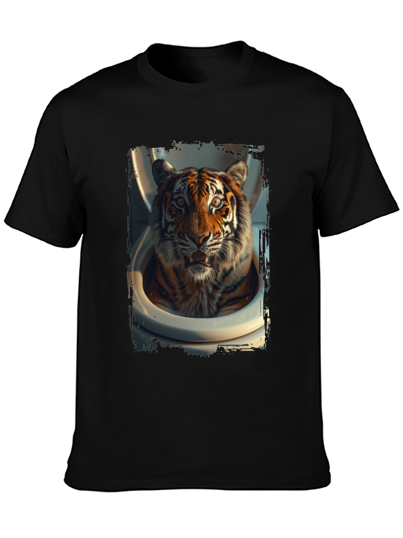 Black Tiger in Toilet Graphic Tee - Black Cotton T-Shirt view 3