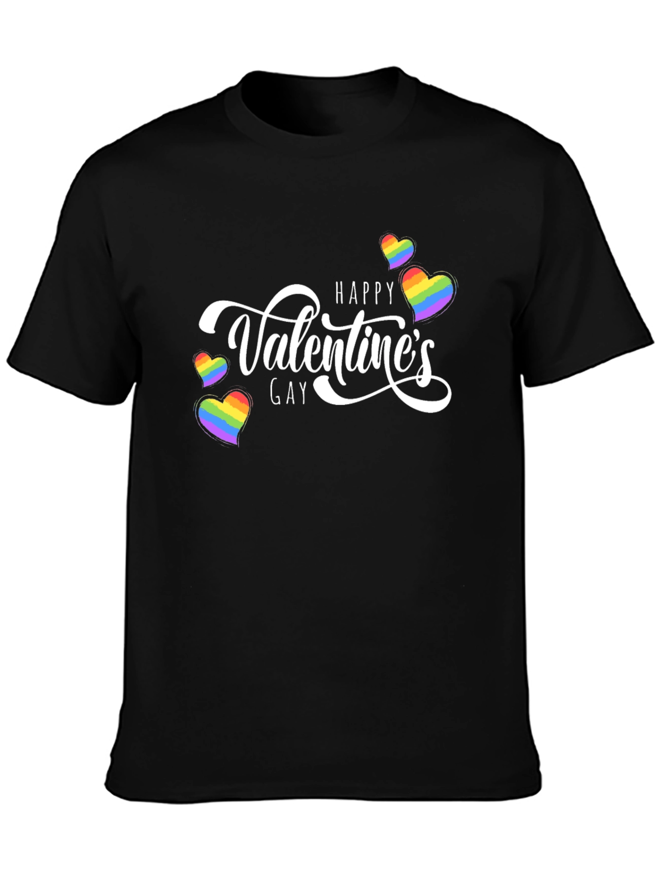 Black Happy Gay Valentine's Rainbow Heart T-Shirt view 3