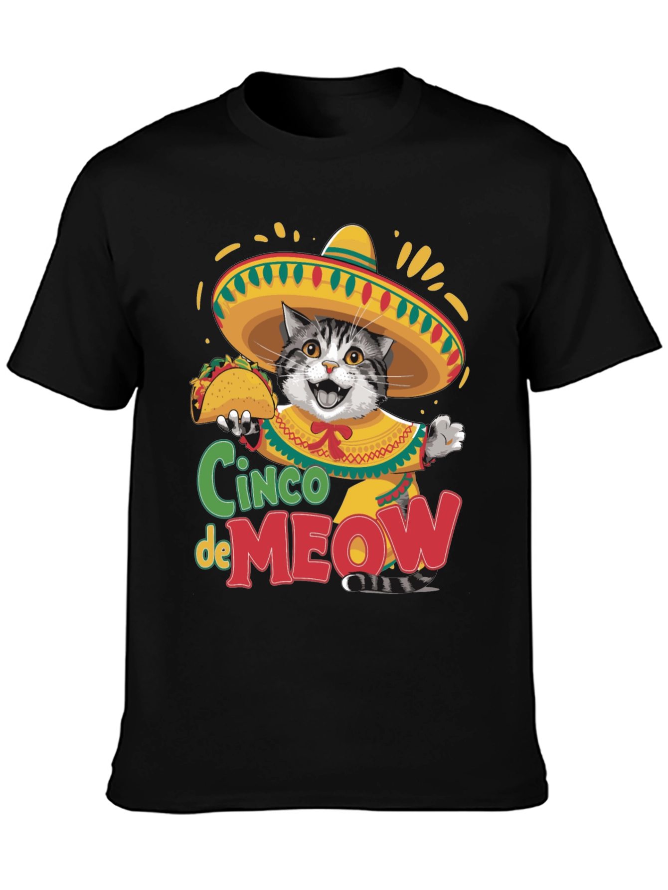 Black Cinco de Meow Cat T-Shirt - Taco Fiesta Tee view 3