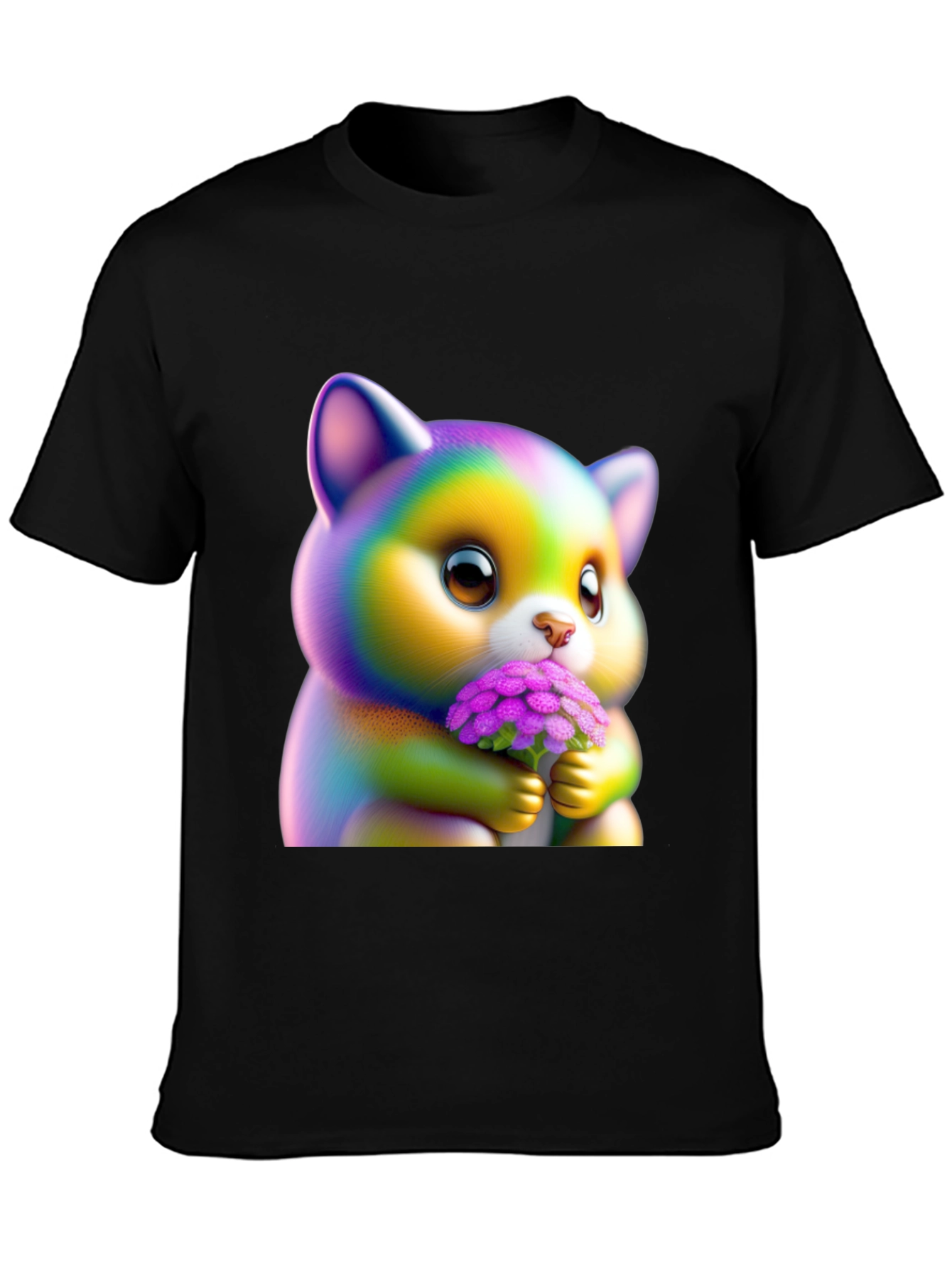 Black Cute Rainbow Kitten Holding Flowers Graphic Tee view 3