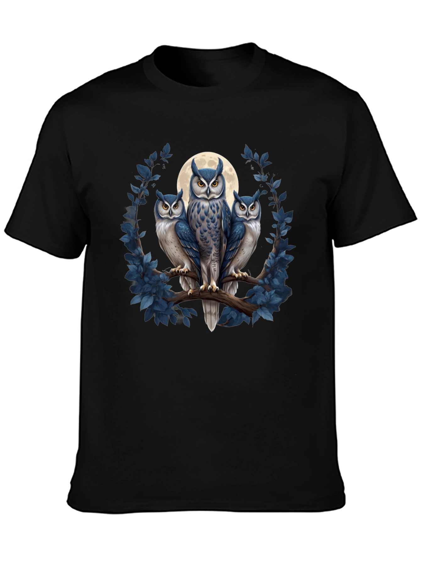 Black Owl Trio Graphic Tee - Moonlit Birds on Branch T-Shirt view 3