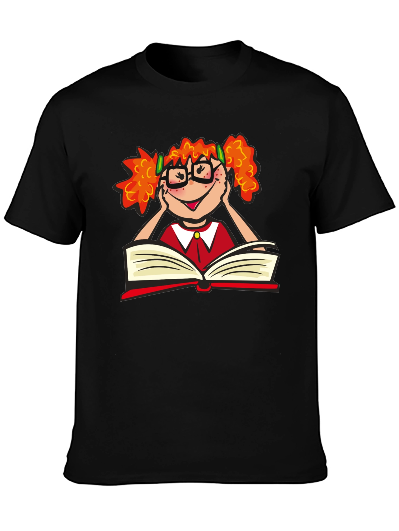 Black Nerdy Girl Reading T-Shirt - Black Cotton Tee view 3