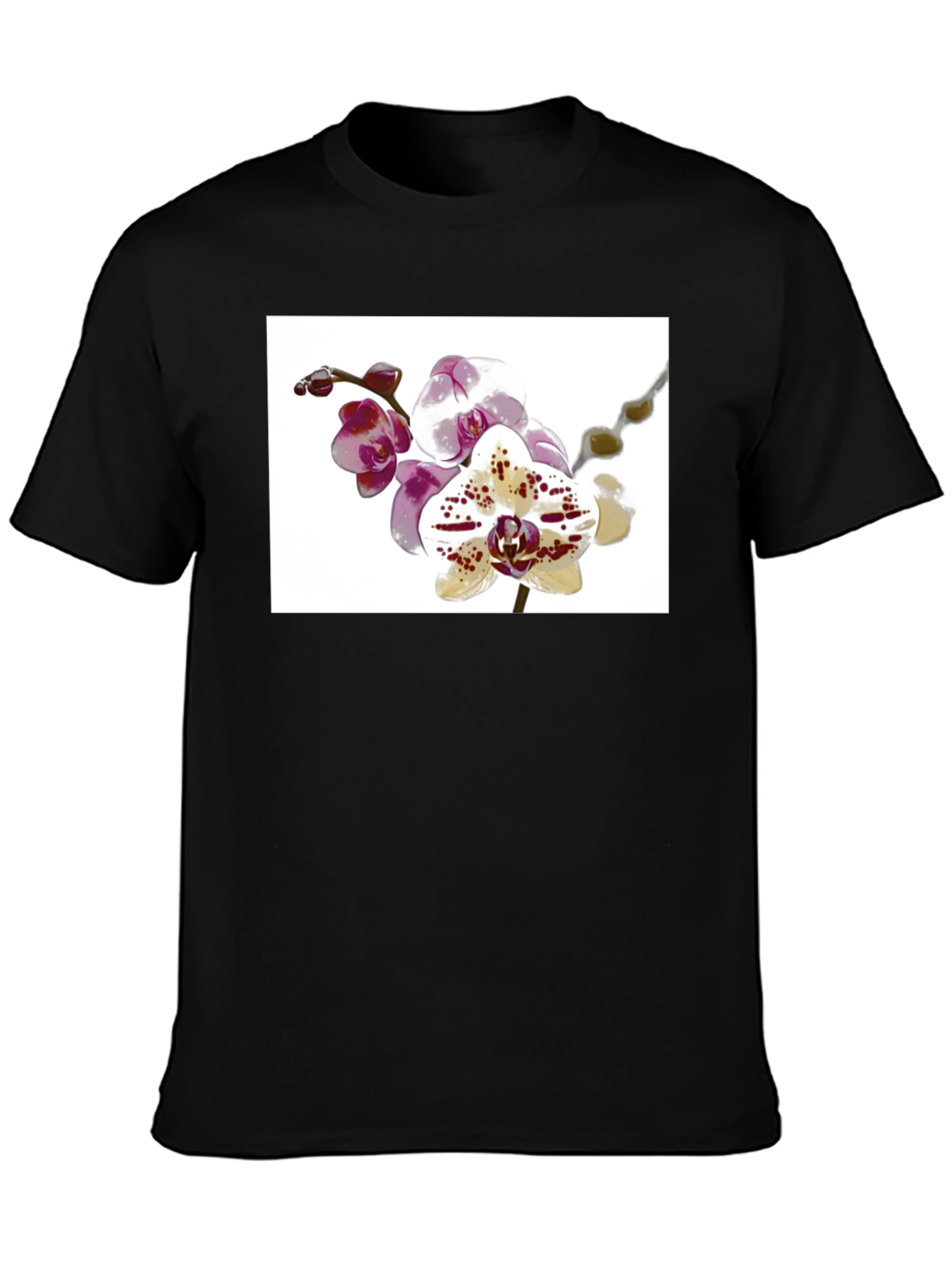 Black Floral Orchid Print Black T-Shirt view 3