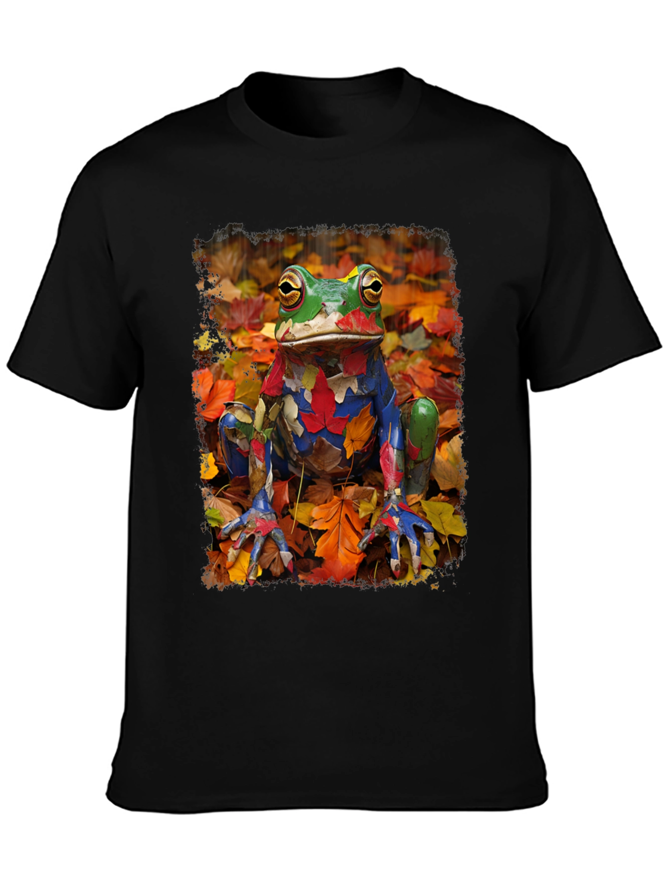 Black Frog in Fall Leaves Black T-Shirt view 3