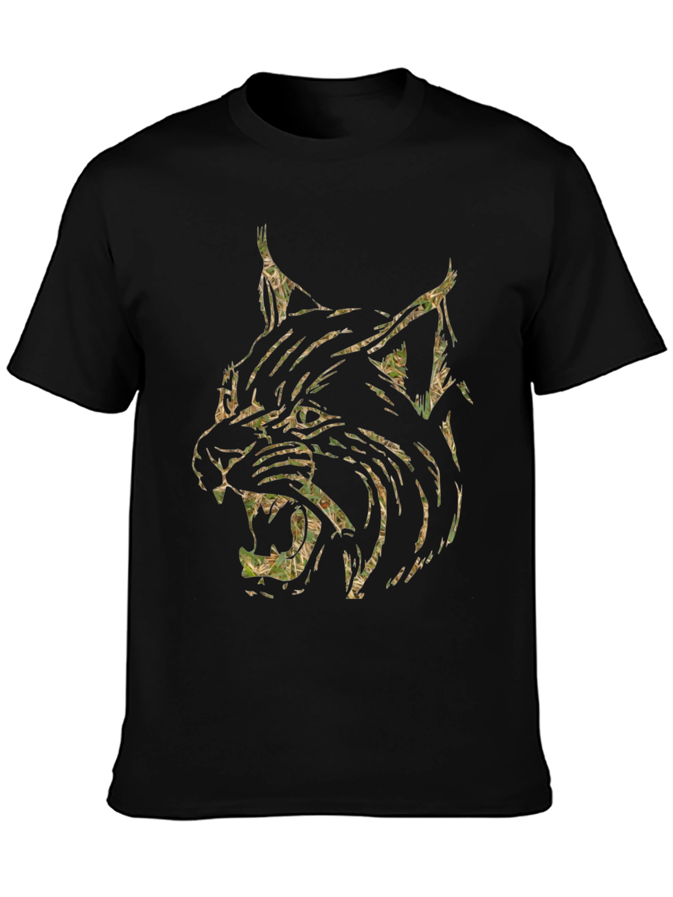 Black Men's Black T-Shirt with Camo Lynx Graphic view 3