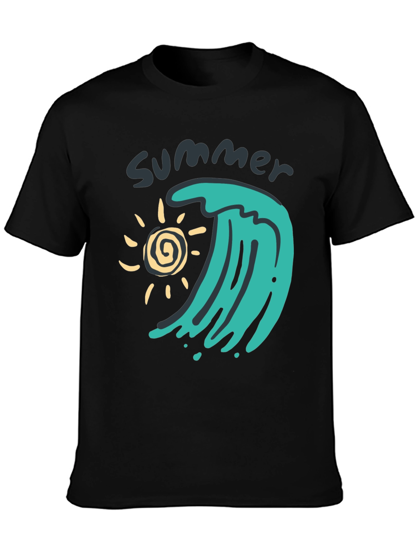 Black Summer Wave Graphic Tee - Black Cotton T-Shirt view 3