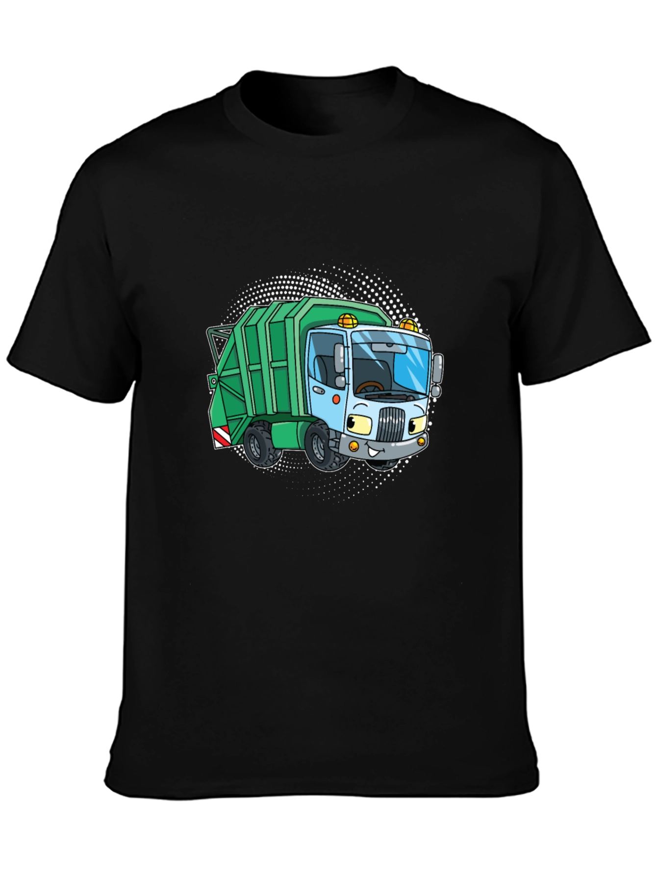 Black Garbage Truck Cartoon T-Shirt - Black Crew Neck Tee view 3