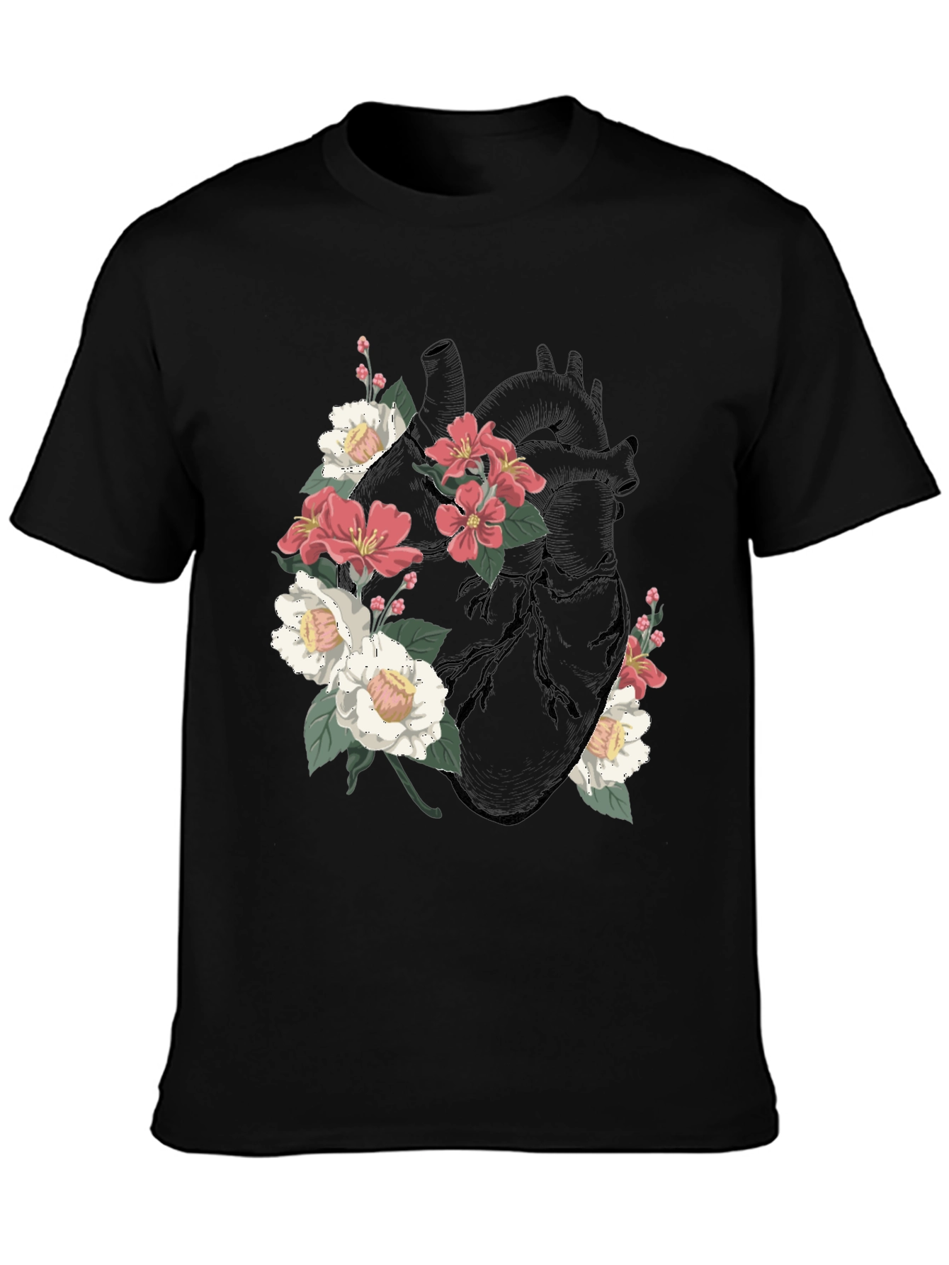 Black Floral Heart Graphic T-Shirt - Black view 3
