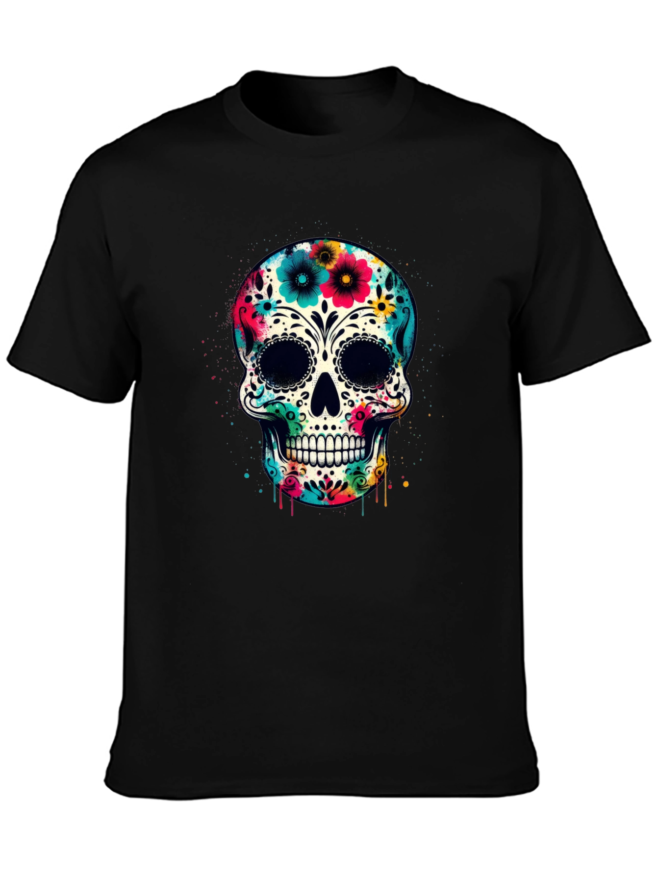 Black Floral Sugar Skull Graphic Tee - Day of the Dead Style view 3