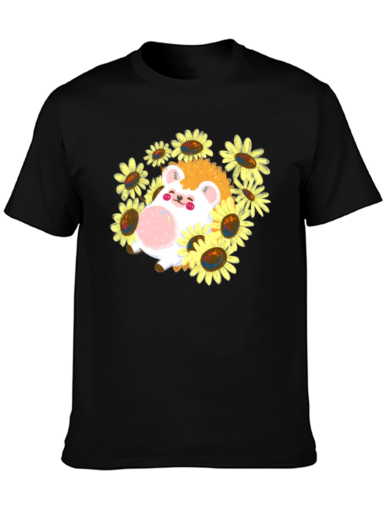 Black Cute Hedgehog Sunflower T-Shirt view 3