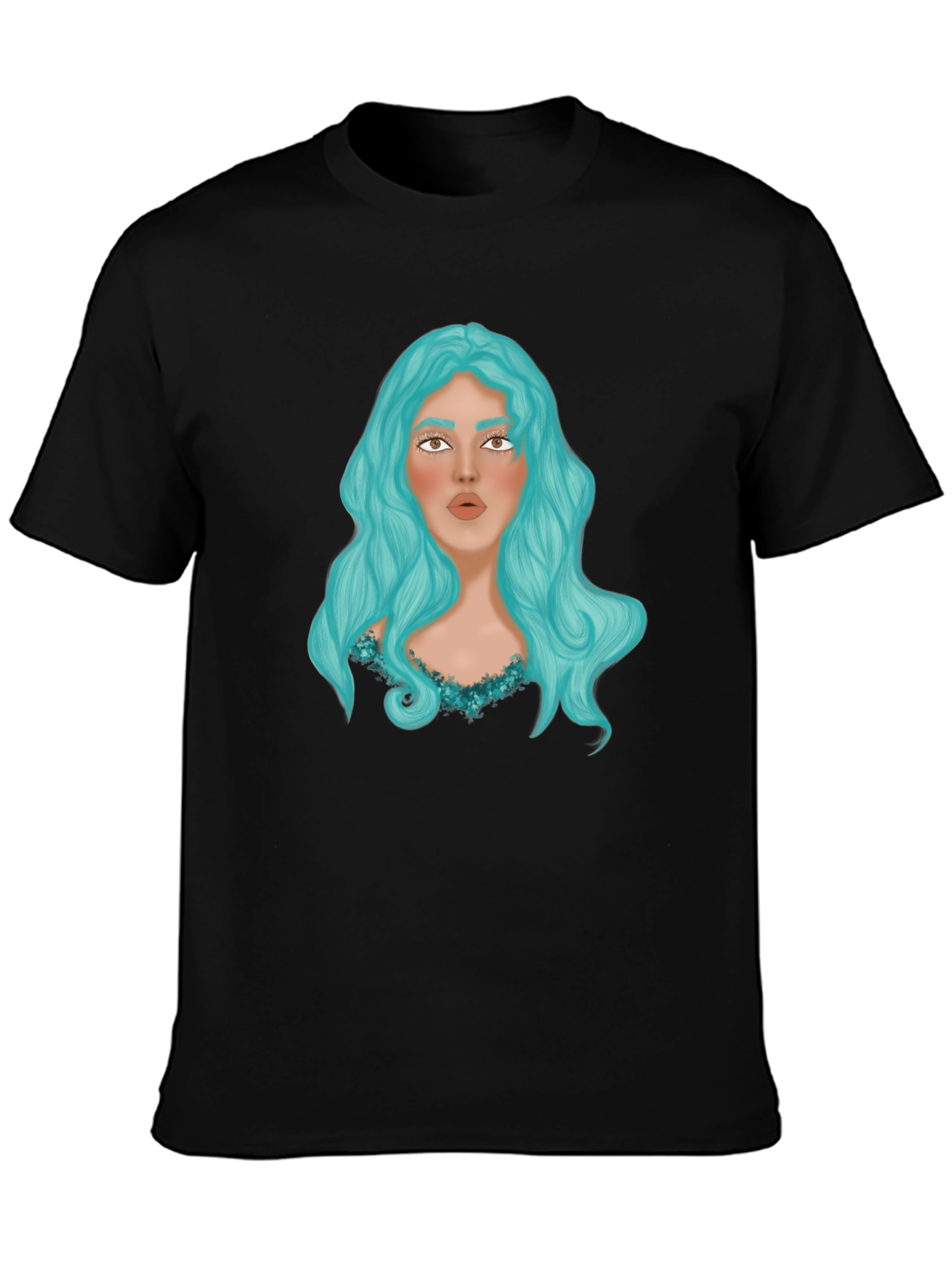 Black Graphic Print T-Shirt - Woman with Blue Hair view 3