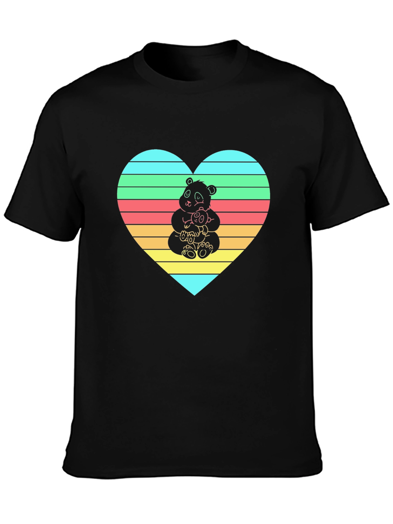 Black Panda Hug Heart Graphic Tee - Black Crew Neck view 3