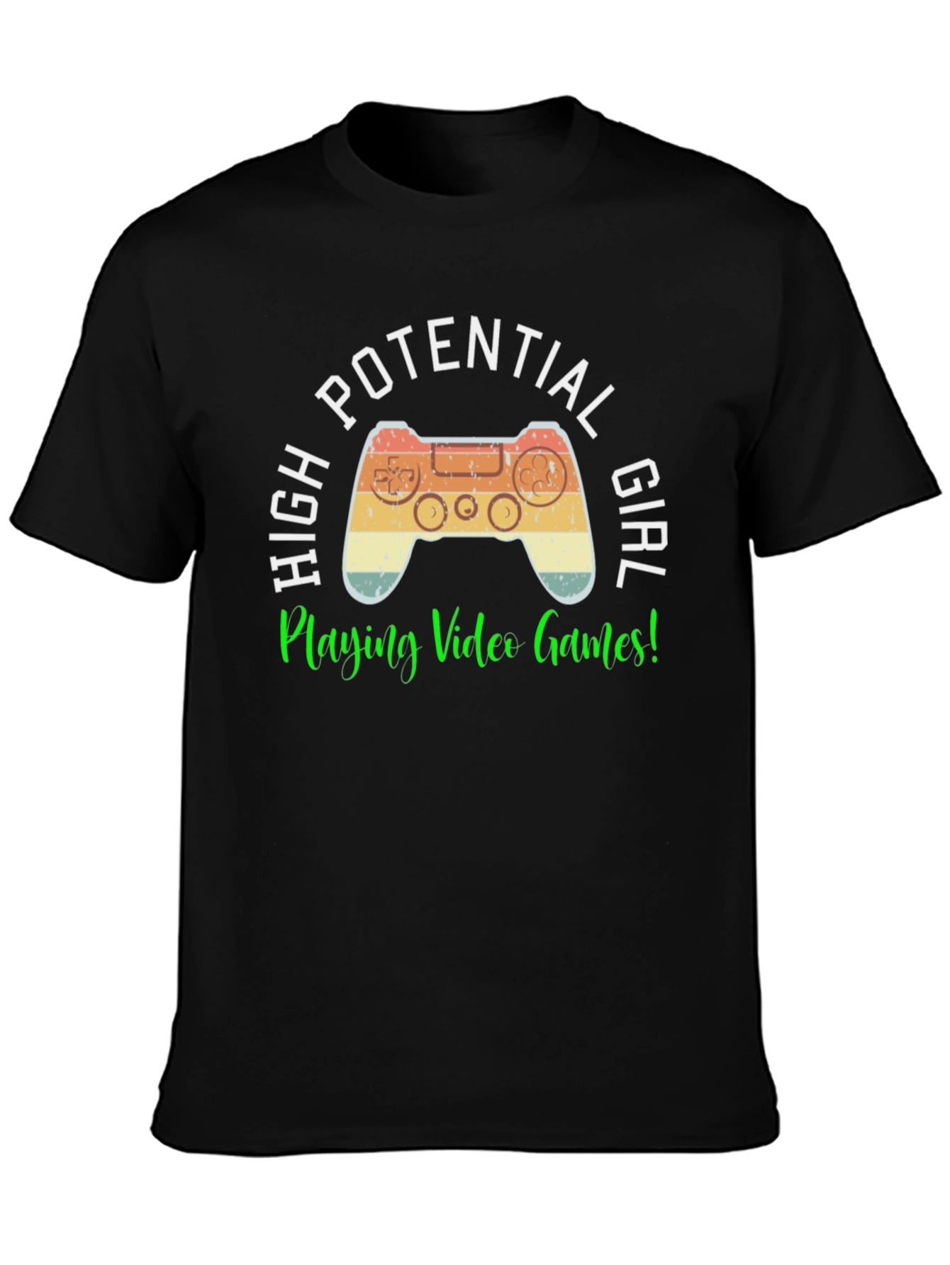 Black High Potential Girl Gamer T-Shirt - Retro Controller Design view 3