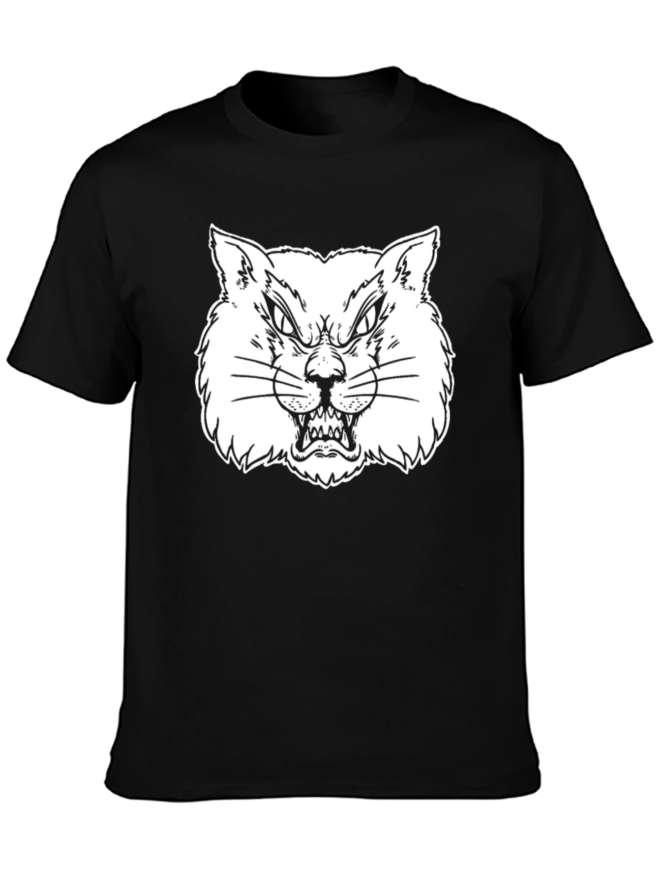 Black Men's Black T-Shirt with Angry Cat Graphic view 3