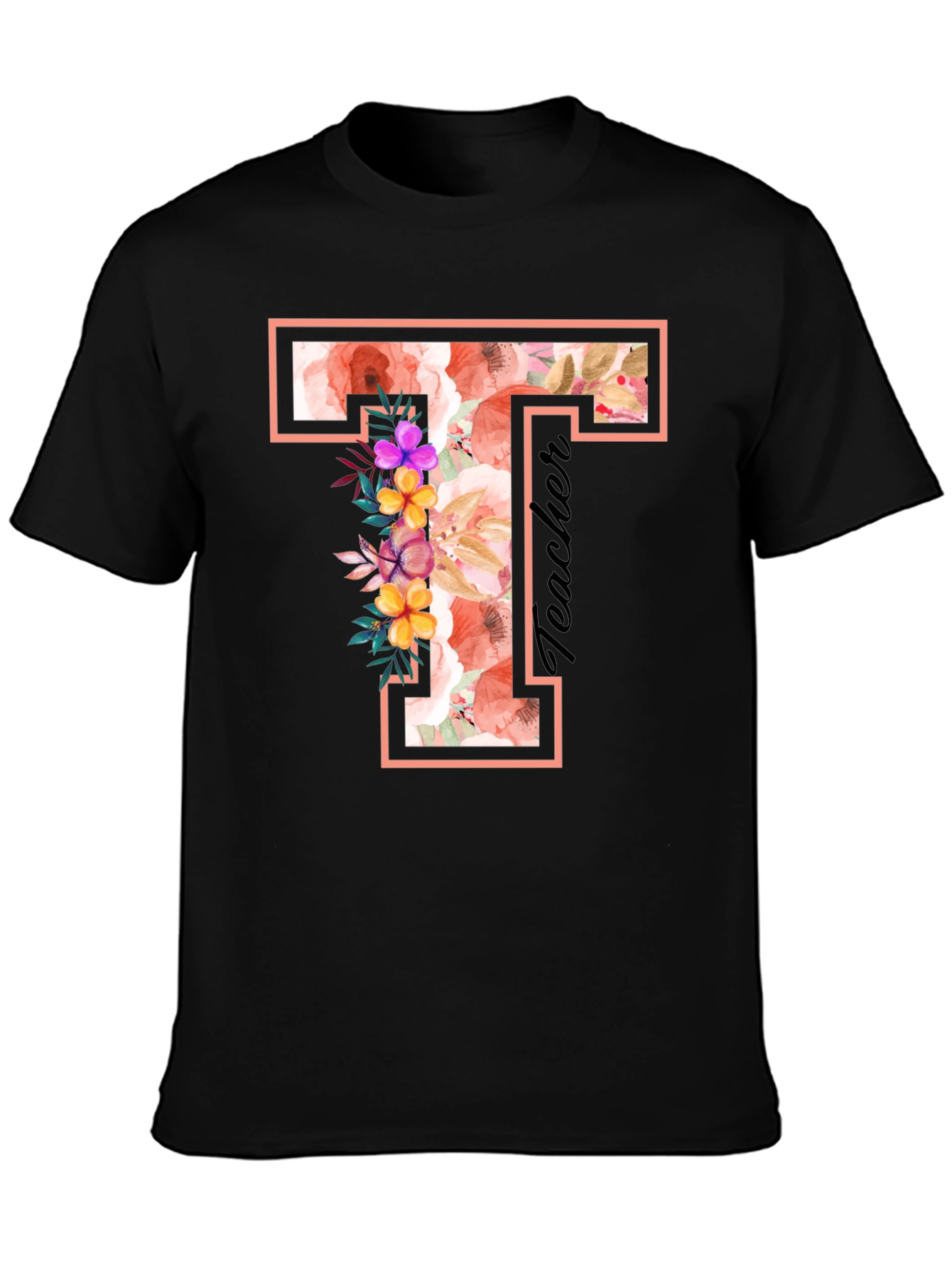 Black Floral T Teacher T-Shirt view 3