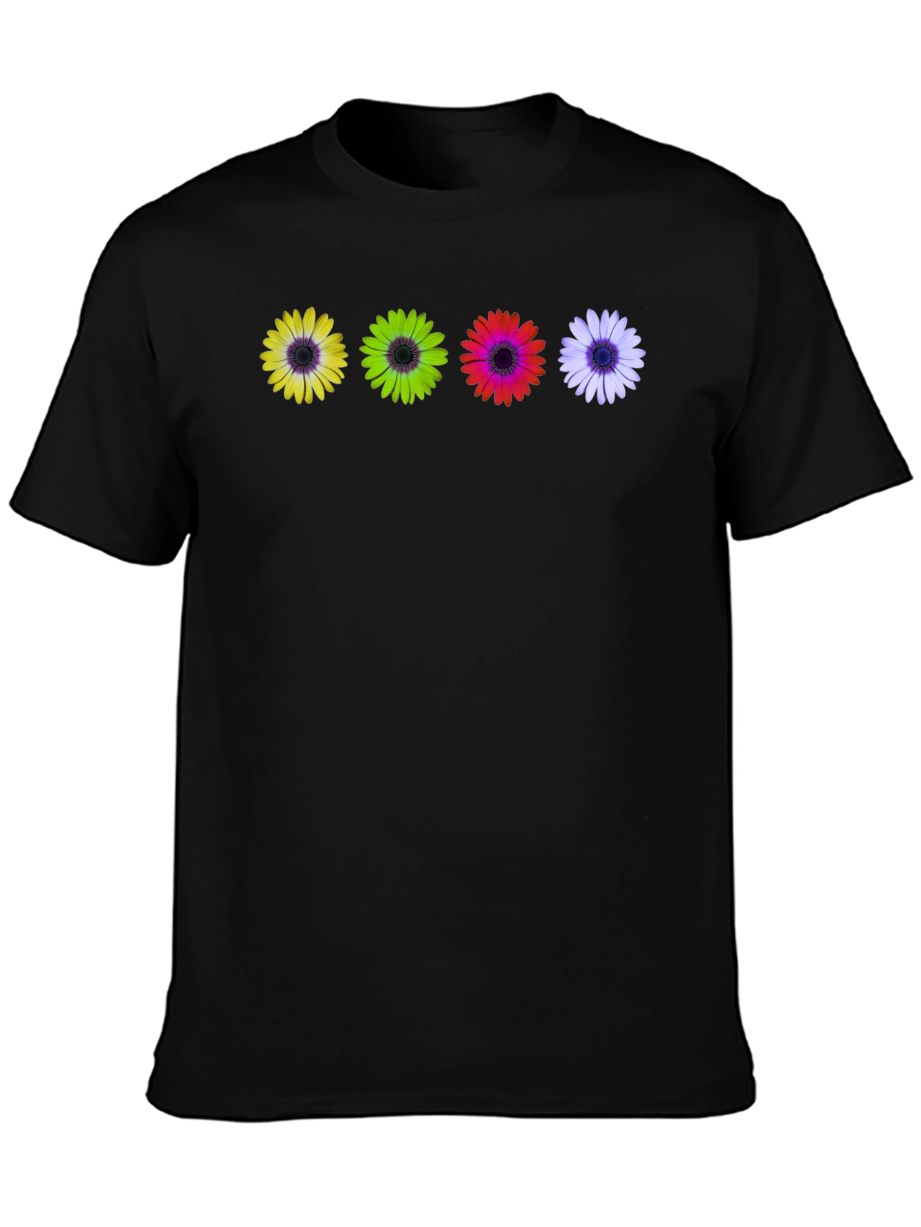 Black Colorful Daisy T-Shirt - Unique Floral Design view 3