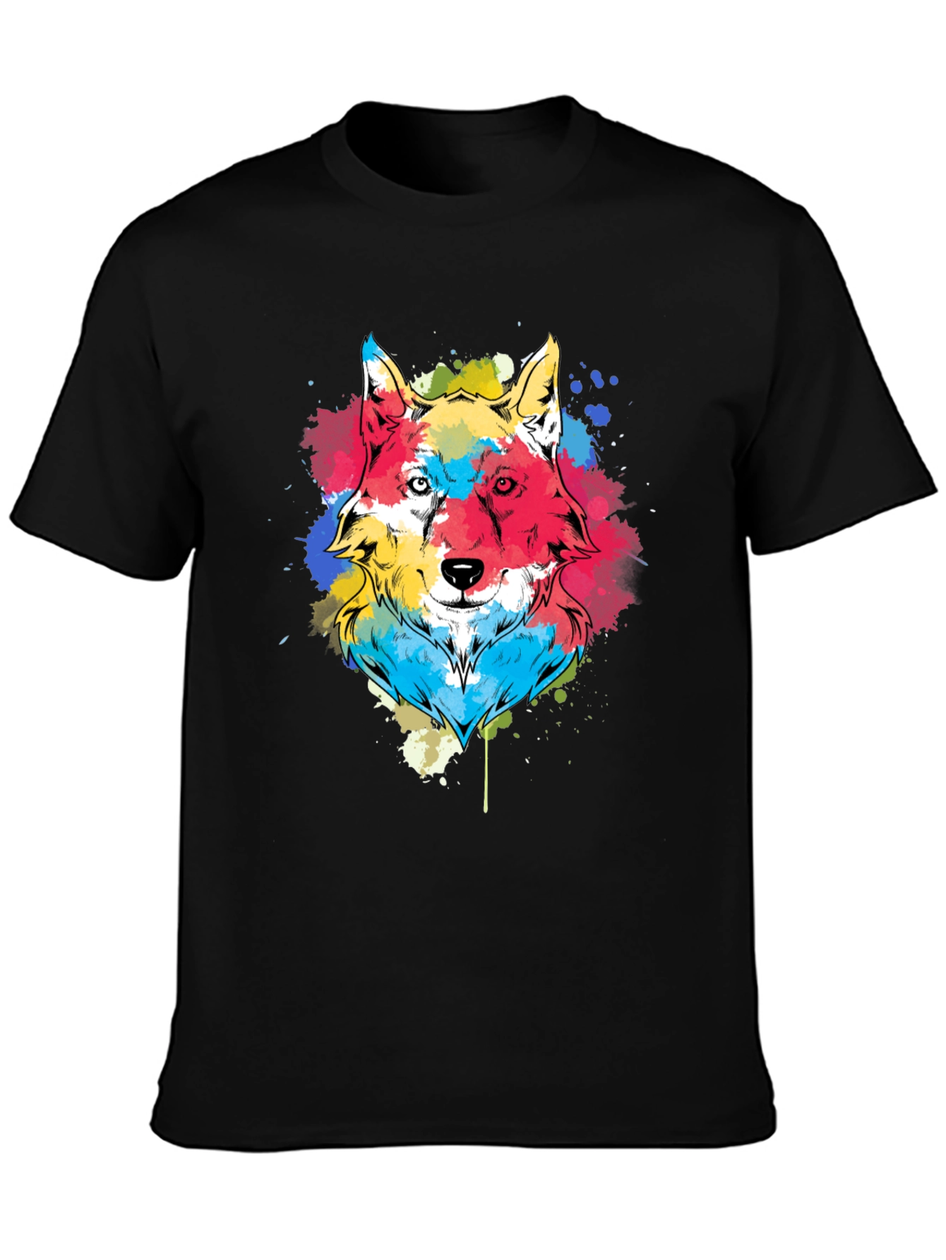 Black Colorful Wolf Graphic Tee - Black Cotton Blend view 3