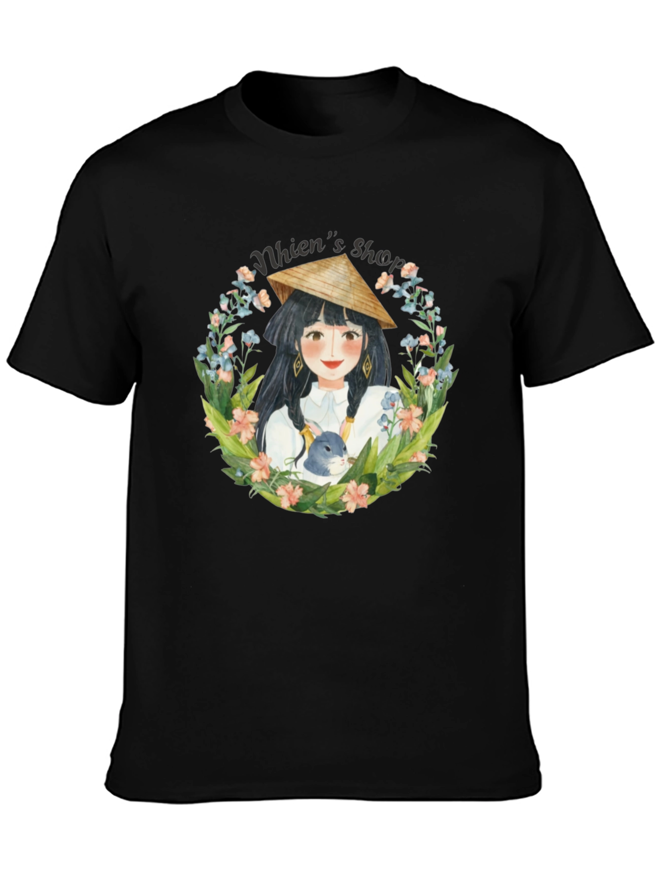 Black Whimsical Girl with Rabbit Black T-Shirt view 3