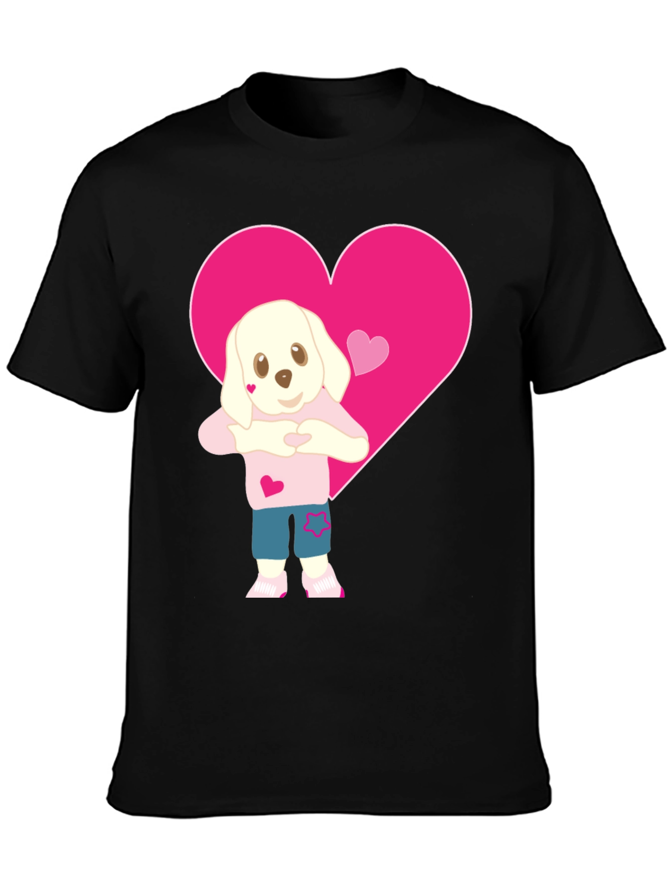 Black Cute Dog Heart Valentine's T-Shirt - Soft Cotton Blend view 3