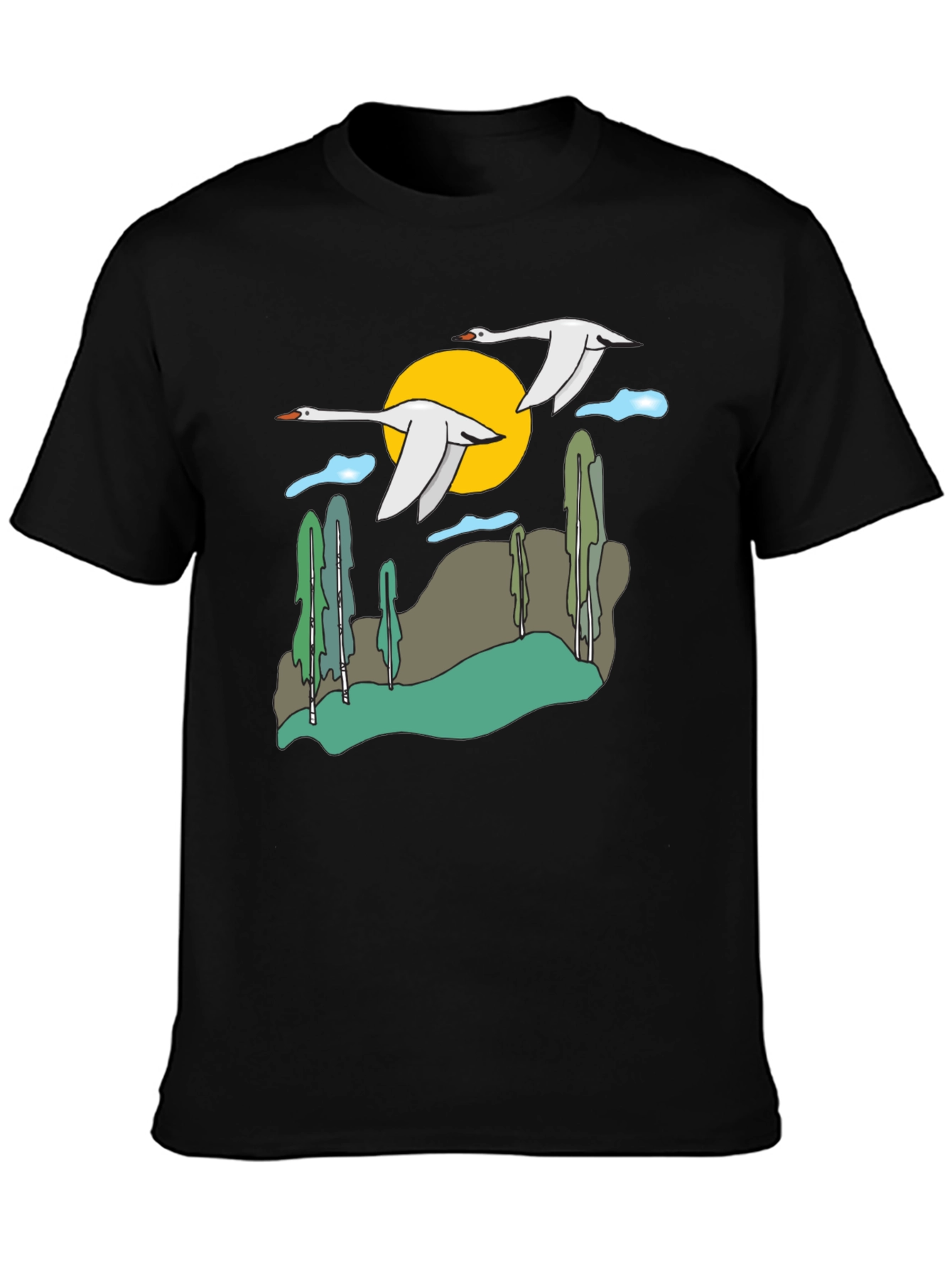 Black Nature Swans Graphic T-Shirt - Black Cotton Blend view 3