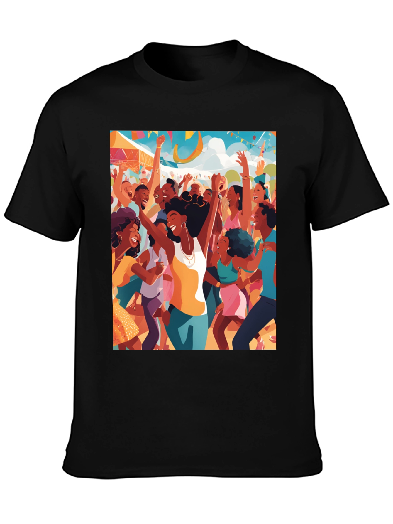 Black Festive Crowd Graphic Tee - Black Cotton Comfort view 3
