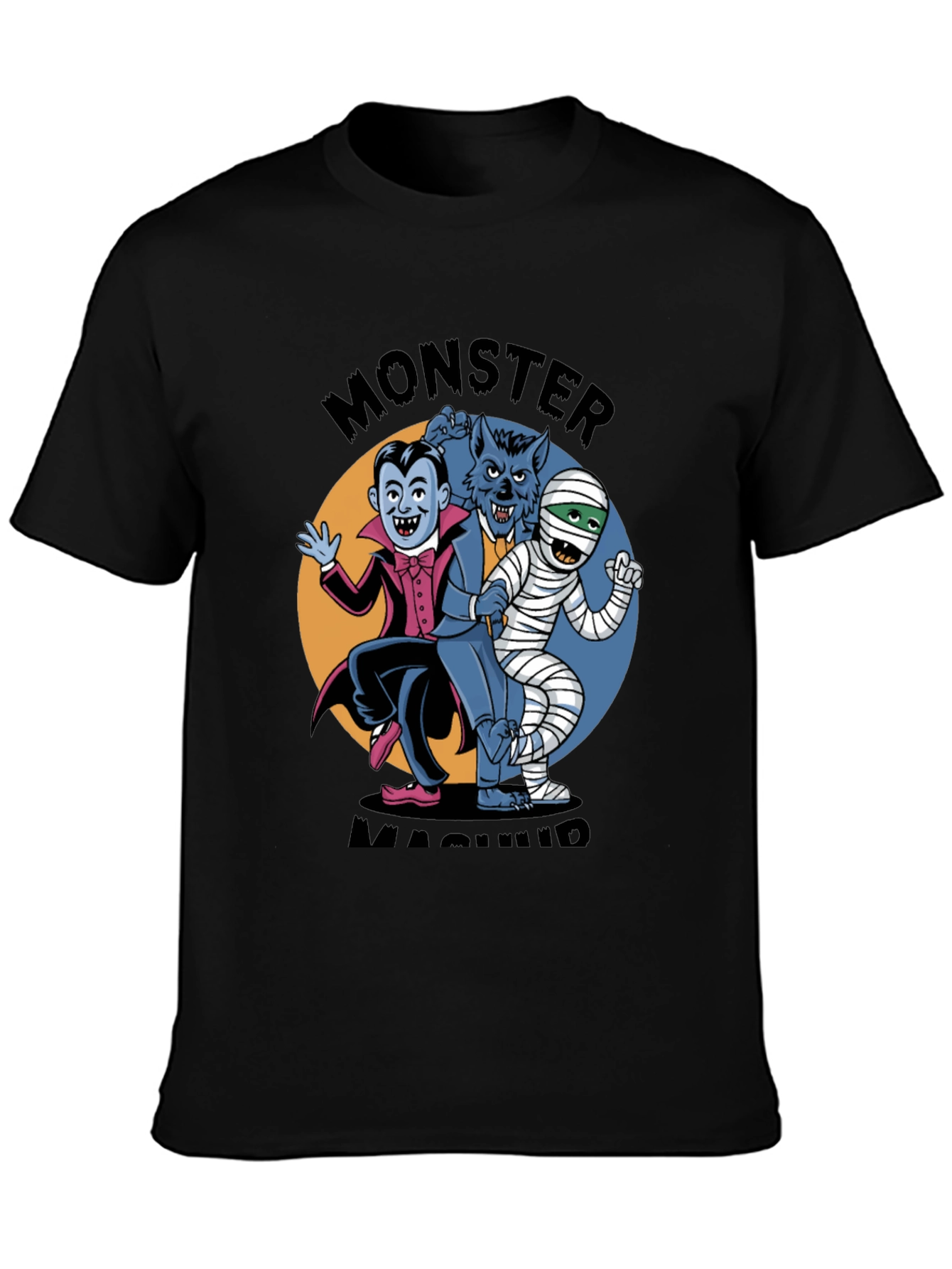 Black Monster Mash T-Shirt: Classic Horror Character Design view 3