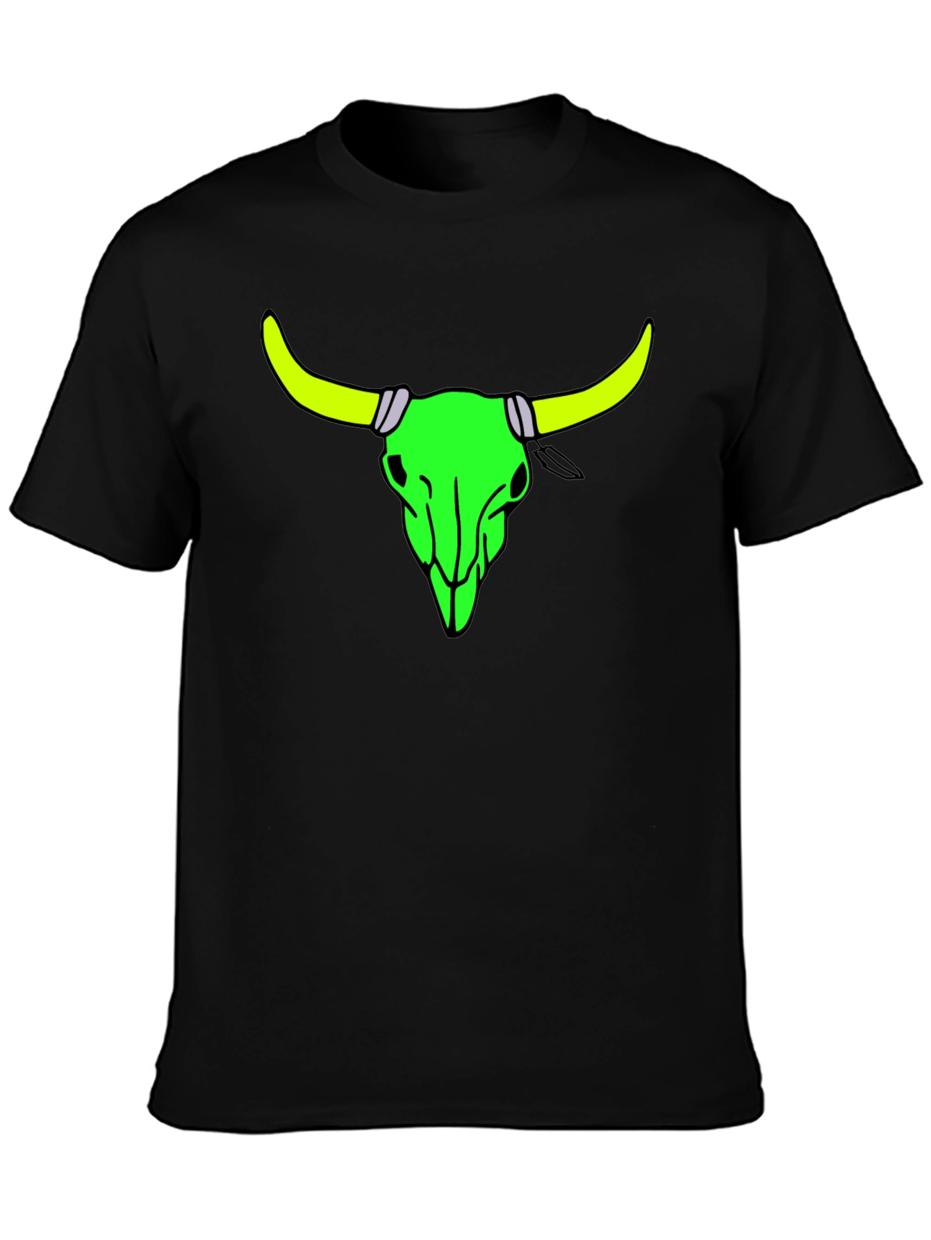 Black Neon Bull Skull Graphic Tee - Bold Black Cotton Shirt view 3