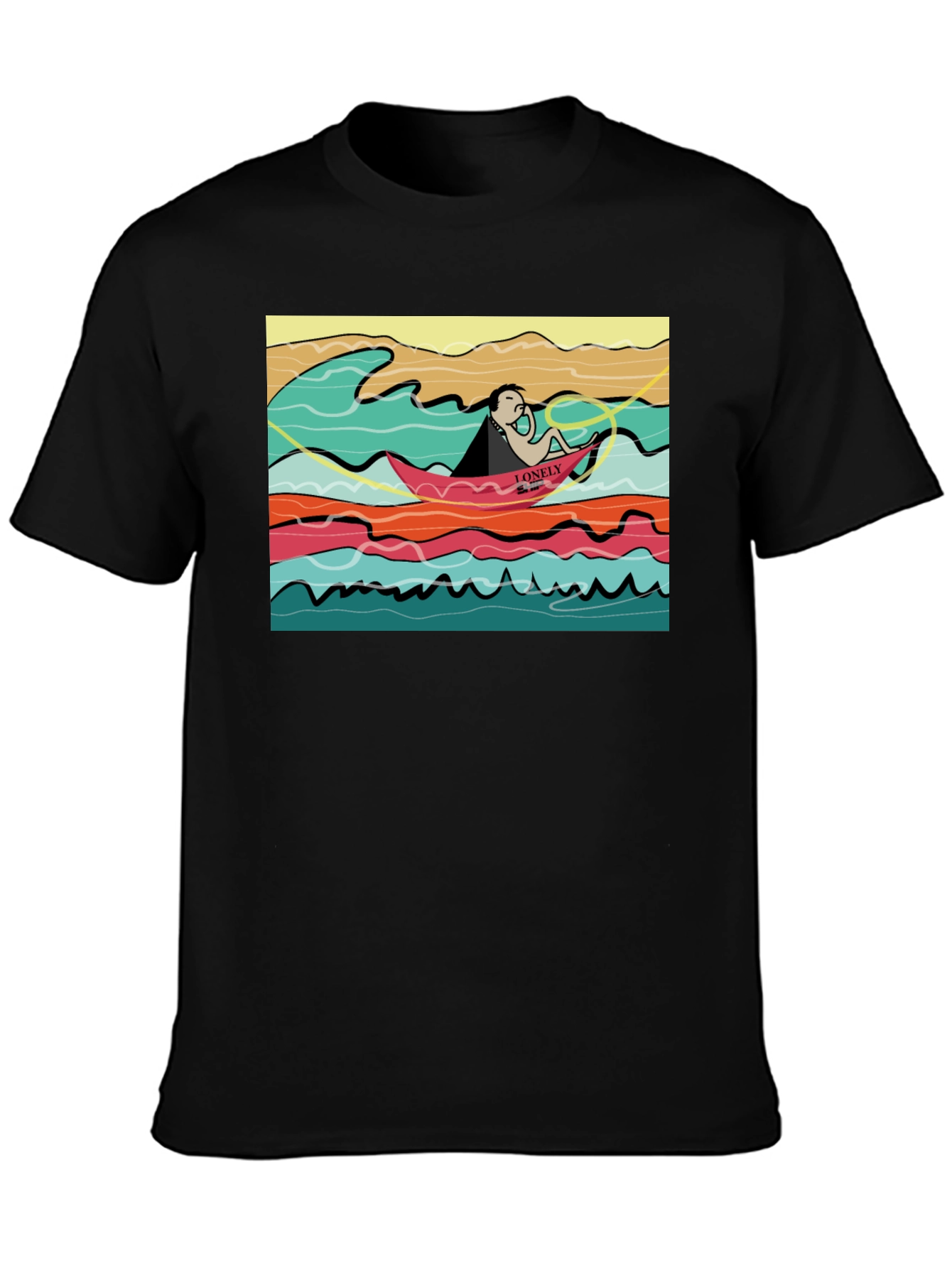 Black Lonely Boat Graphic Tee - Black Cotton T-Shirt view 3