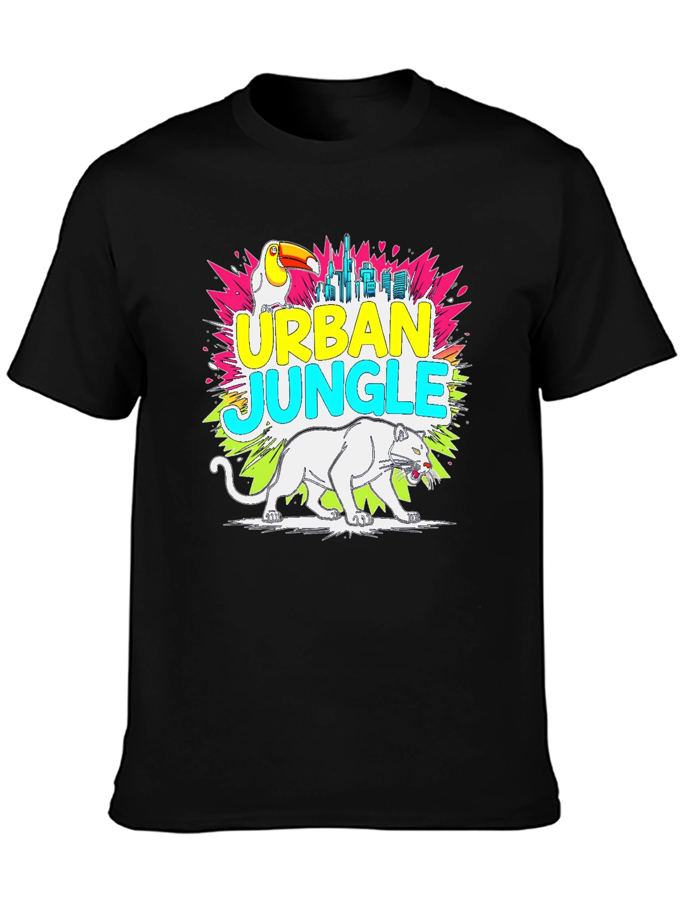 Black Urban Jungle Graphic Tee - Toucan, Panther, Cityscape view 3