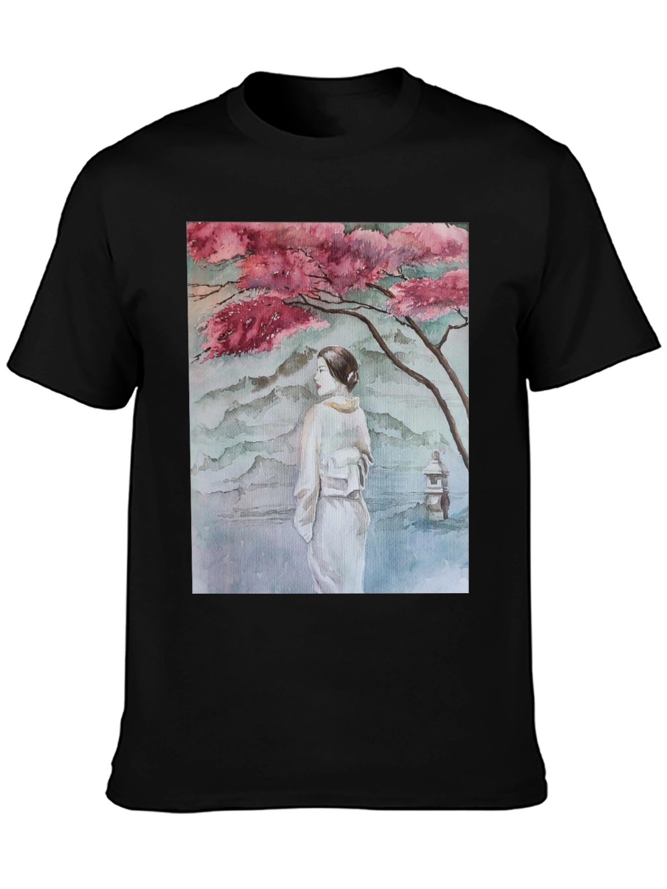Black Watercolor Japanese Art Black T-Shirt view 3